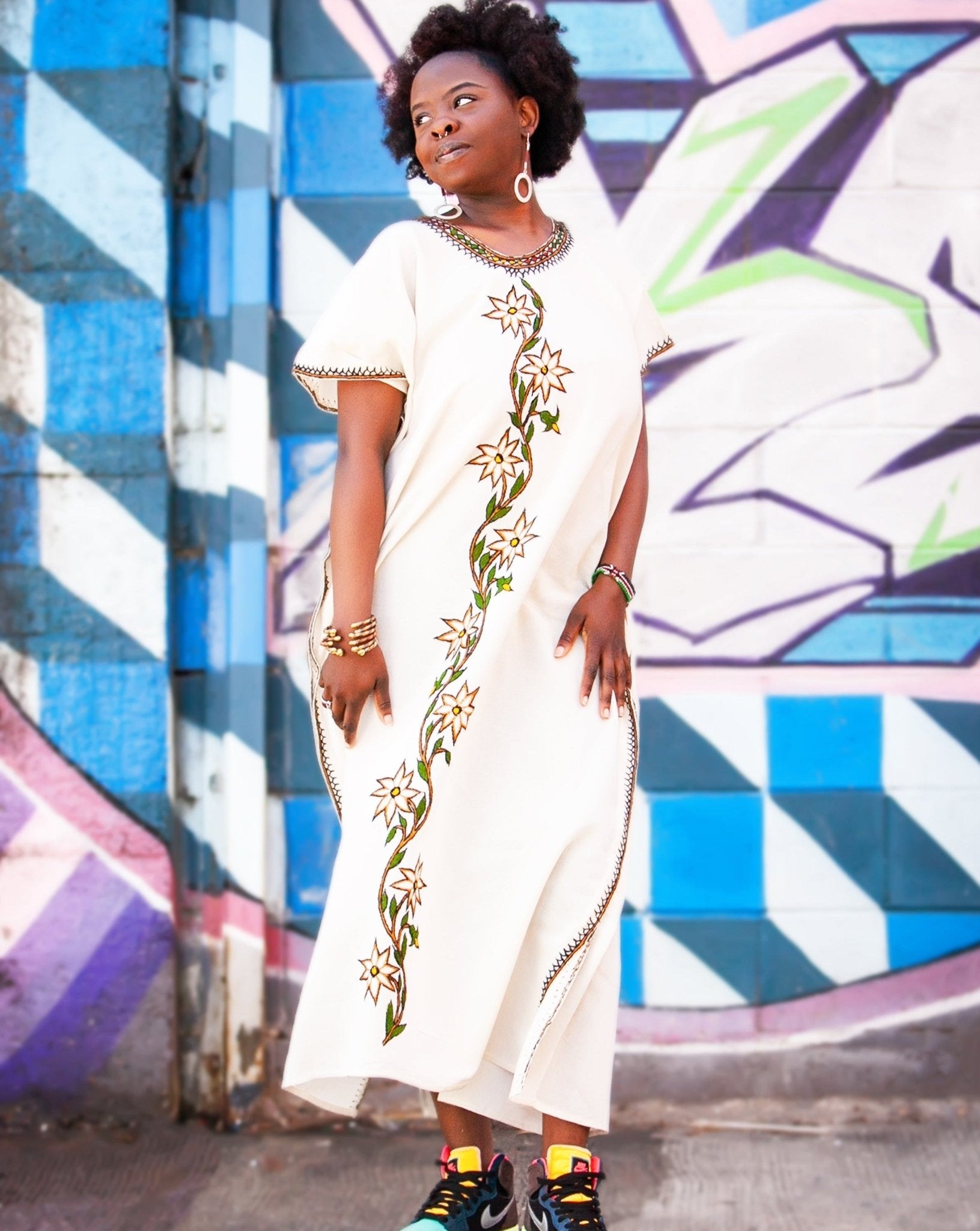 ቡና ቀሚስ | Coffee Dress | አደይ አበባ Yellow and Green Floral Hand - embroidery - Kelem Shop