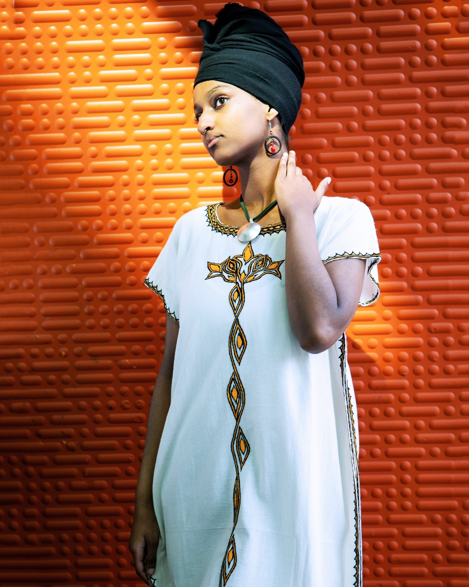 ቡና ቀሚስ | Coffee Dress | Yellow Floral Line Hand - embroidery | Beach Dress | Kaftan Dress - Kelem Shop