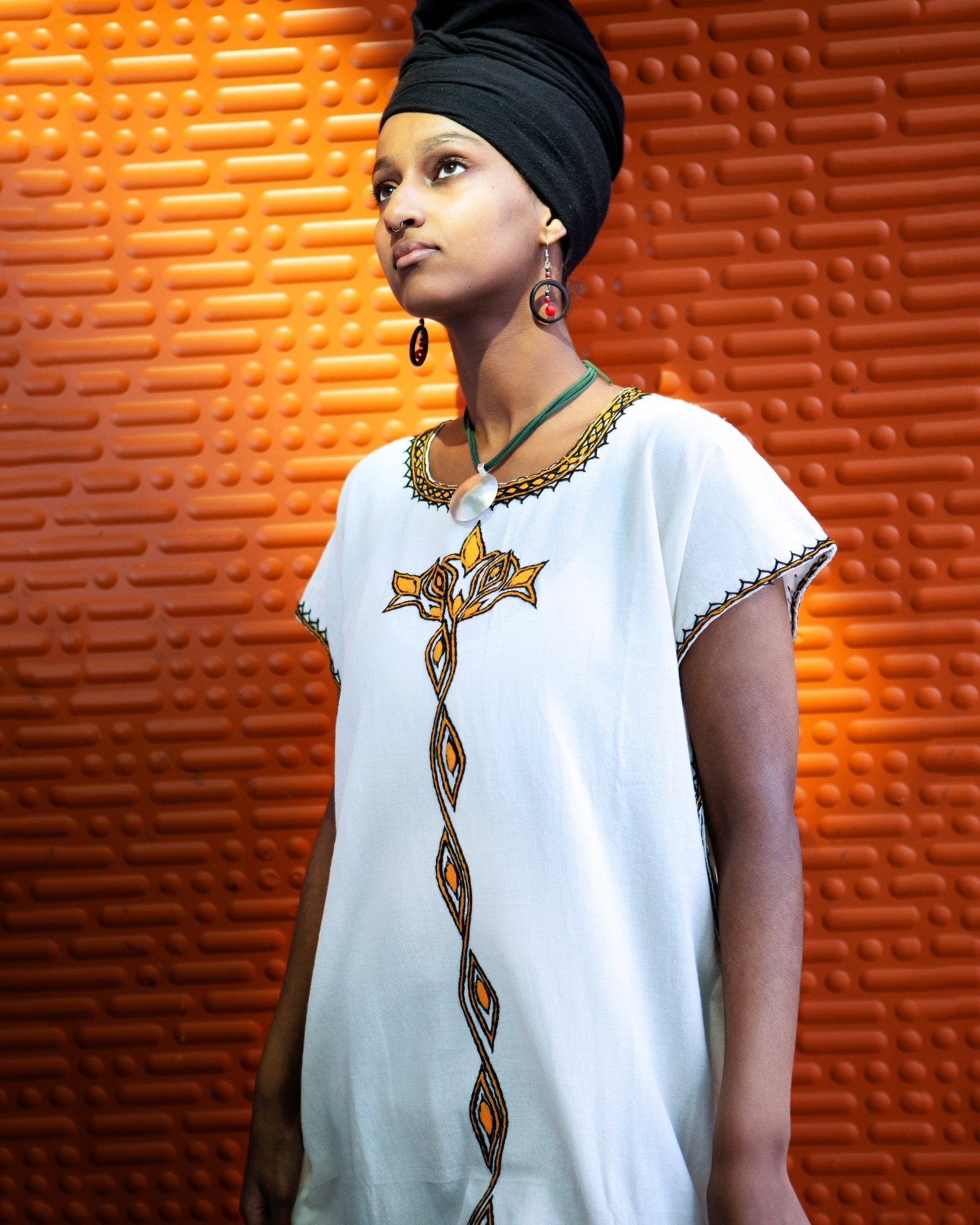 ቡና ቀሚስ | Coffee Dress | Yellow Floral Line Hand - embroidery | Beach Dress | Kaftan Dress - Kelem Shop