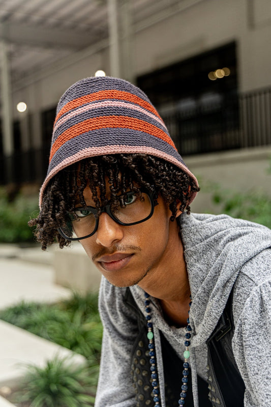 Cotton Konso Crochet Bucket Hat – Charcoal, Rust & Blush Stripe - Kelem Shop