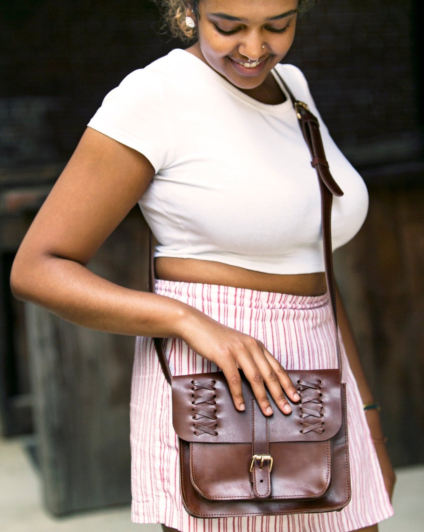 Crisscross Leather Shoulder Bag | Brown - Kelem Shop