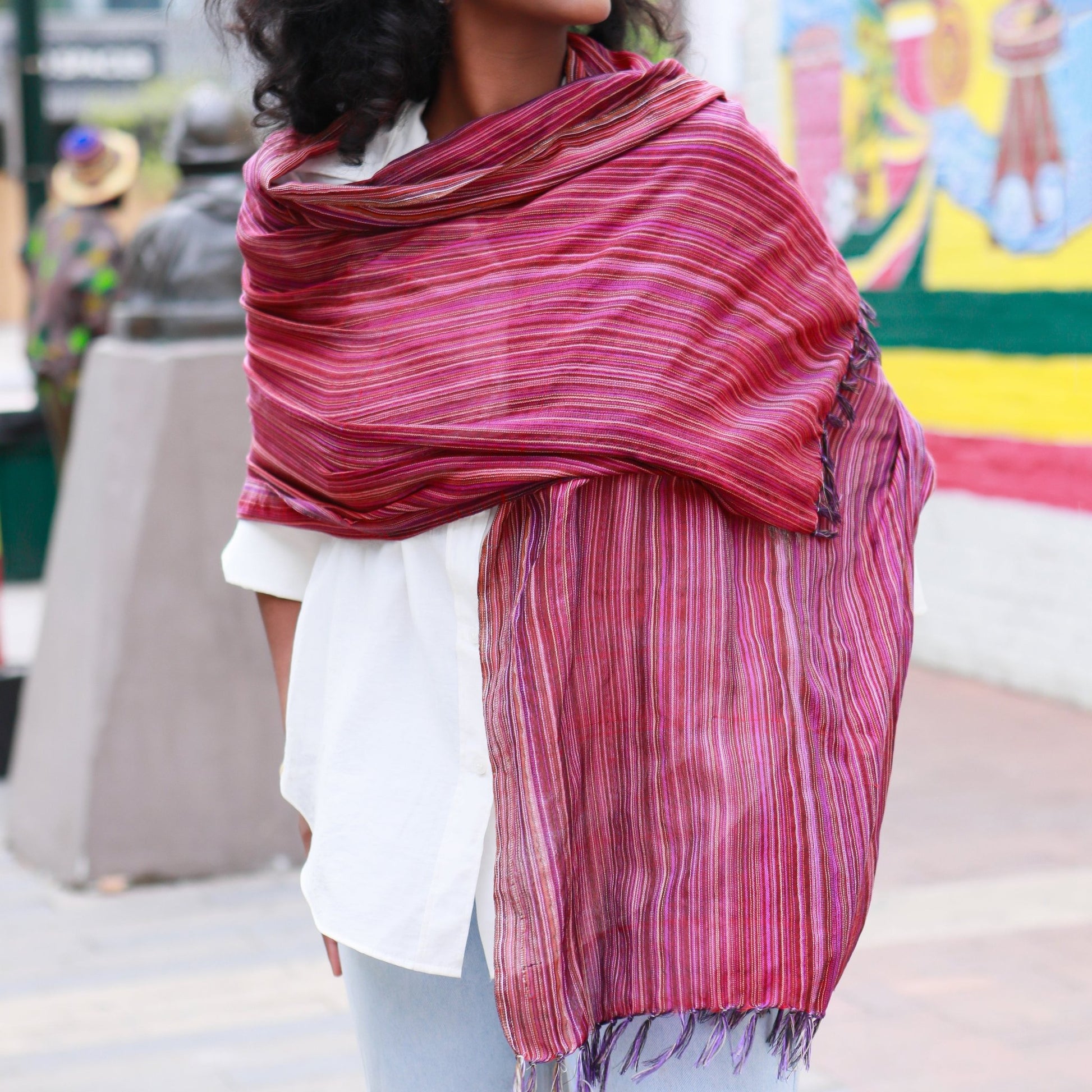 Ethiopian Magenta with Multicolor Stripes Scarf, Shawl, Headwrap | Handwoven Ethiopian Shawl, Scarf, Headwrap (Copy) (Copy) (Copy) (Copy) (Copy) - Kelem Shop