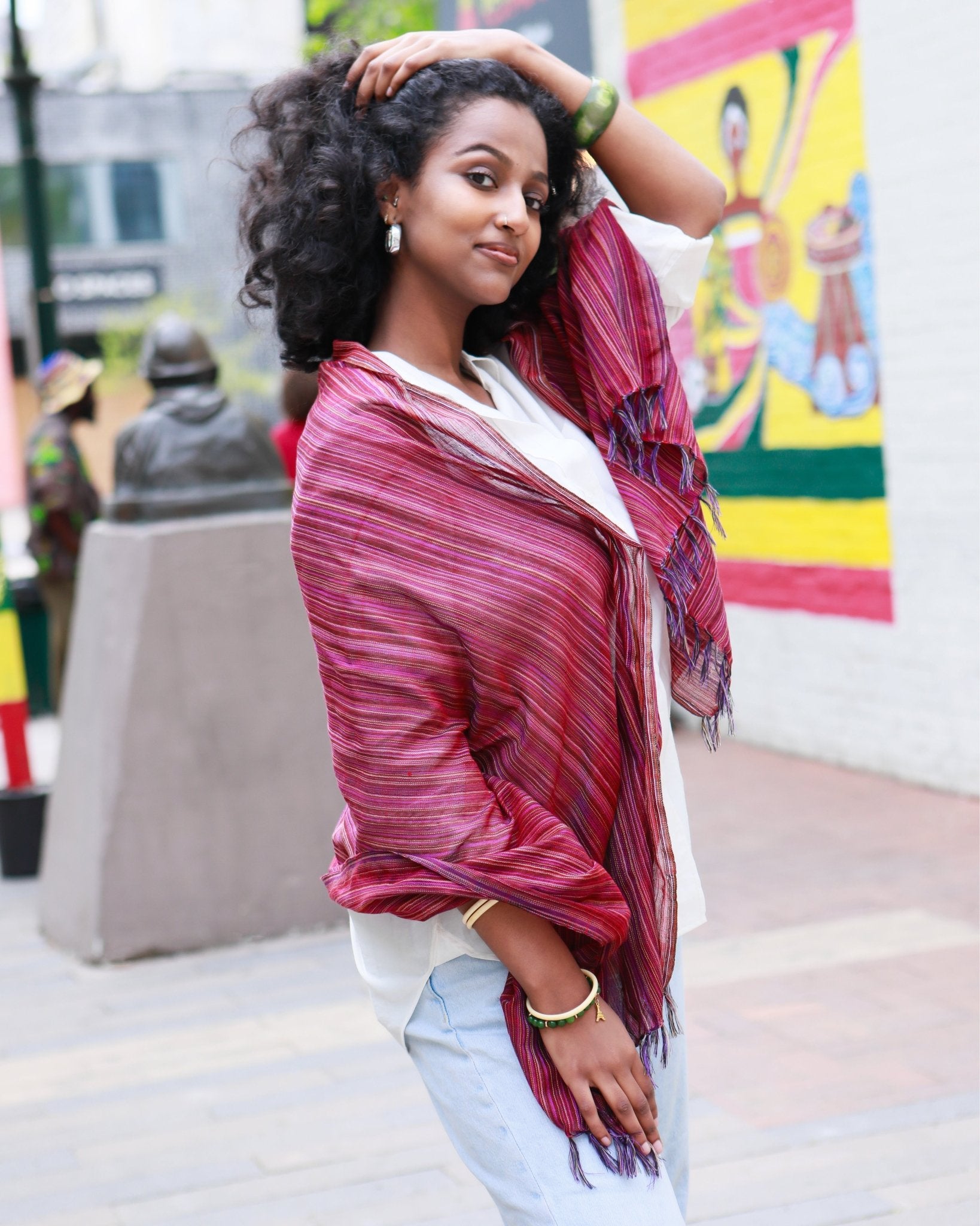 Ethiopian Magenta with Multicolor Stripes Scarf, Shawl, Headwrap | Handwoven Ethiopian Shawl, Scarf, Headwrap (Copy) (Copy) (Copy) (Copy) (Copy) - Kelem Shop