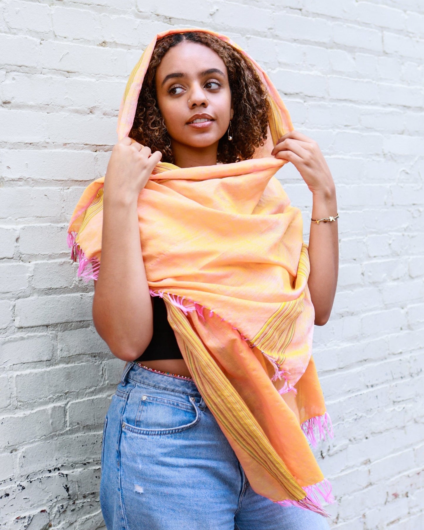 Ethiopian Orange with Multicolor Stripes Scarf, Shawl, Headwrap | Handwoven Ethiopian Shawl, Scarf, Headwrap (Copy) (Copy) (Copy) (Copy) - Kelem Shop