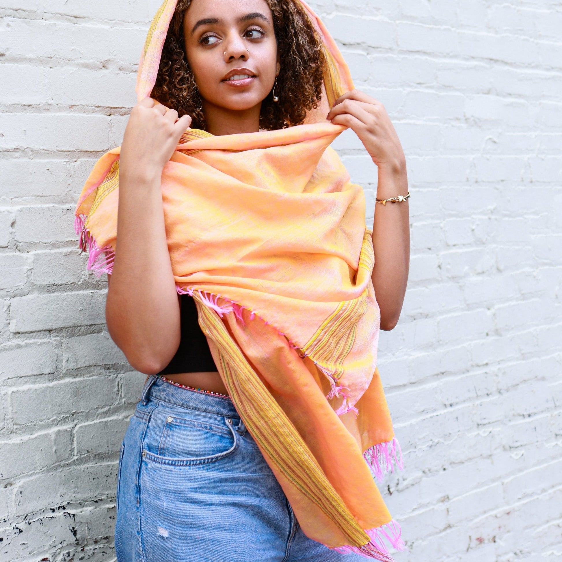 Ethiopian Orange with Multicolor Stripes Scarf, Shawl, Headwrap | Handwoven Ethiopian Shawl, Scarf, Headwrap (Copy) (Copy) (Copy) (Copy) - Kelem Shop