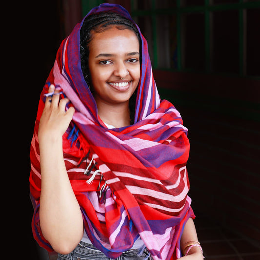 Ethiopian Red White Blue Stripe Scarf, Shawl, Headwrap | Handwoven Ethiopian Shawl, Scarf, Headwrap - Kelem Shop