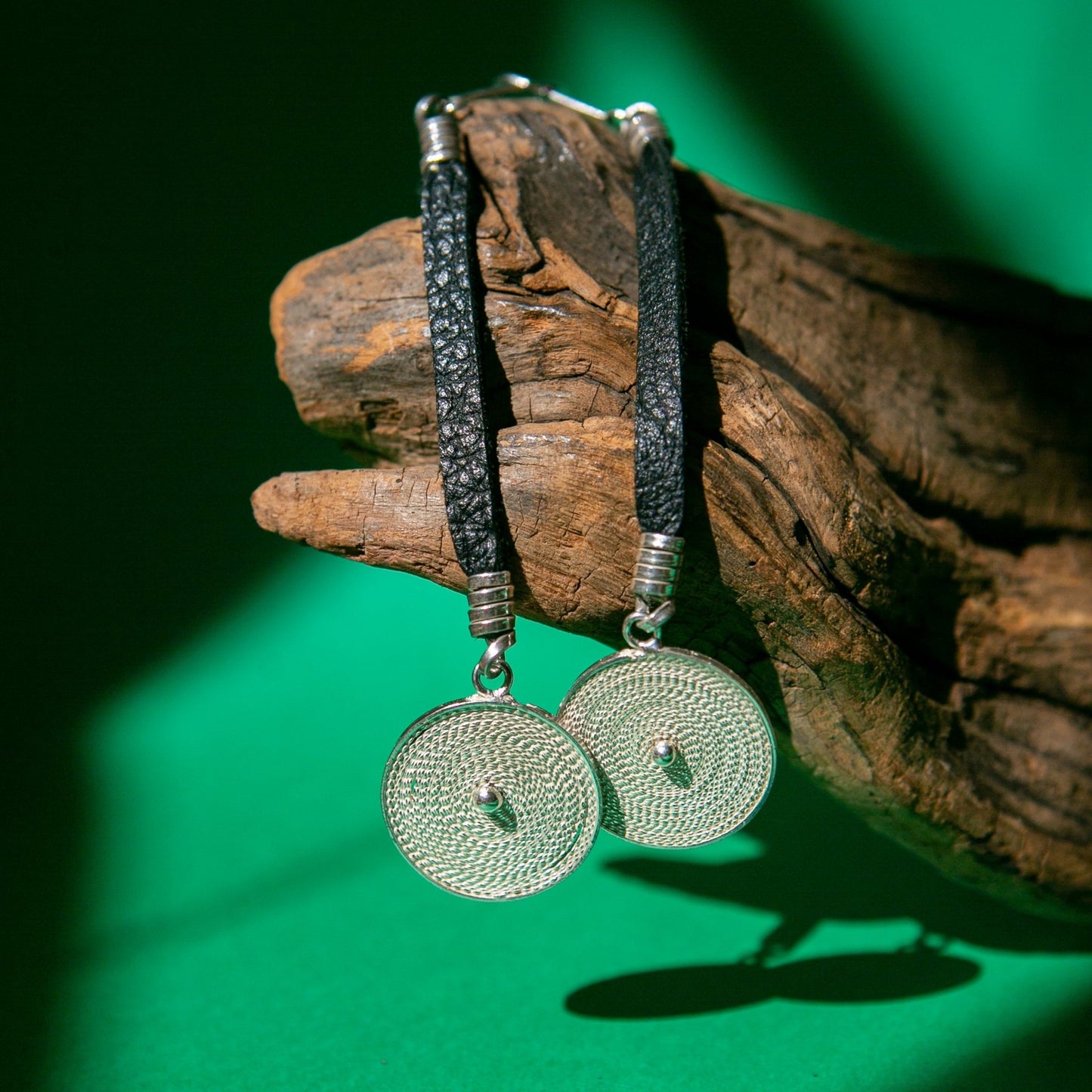 እርባን Filigree Silver & Leather Drop Earrings | Charcoal - Kelem Shop