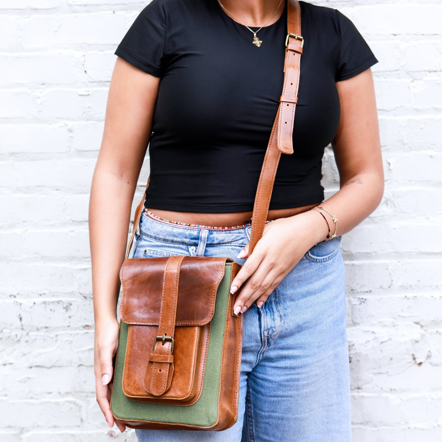 Genuine Leather Shoulder And Crossbody Bag for Men and Women | Green Canvas and Leather Bag - Kelem Shop