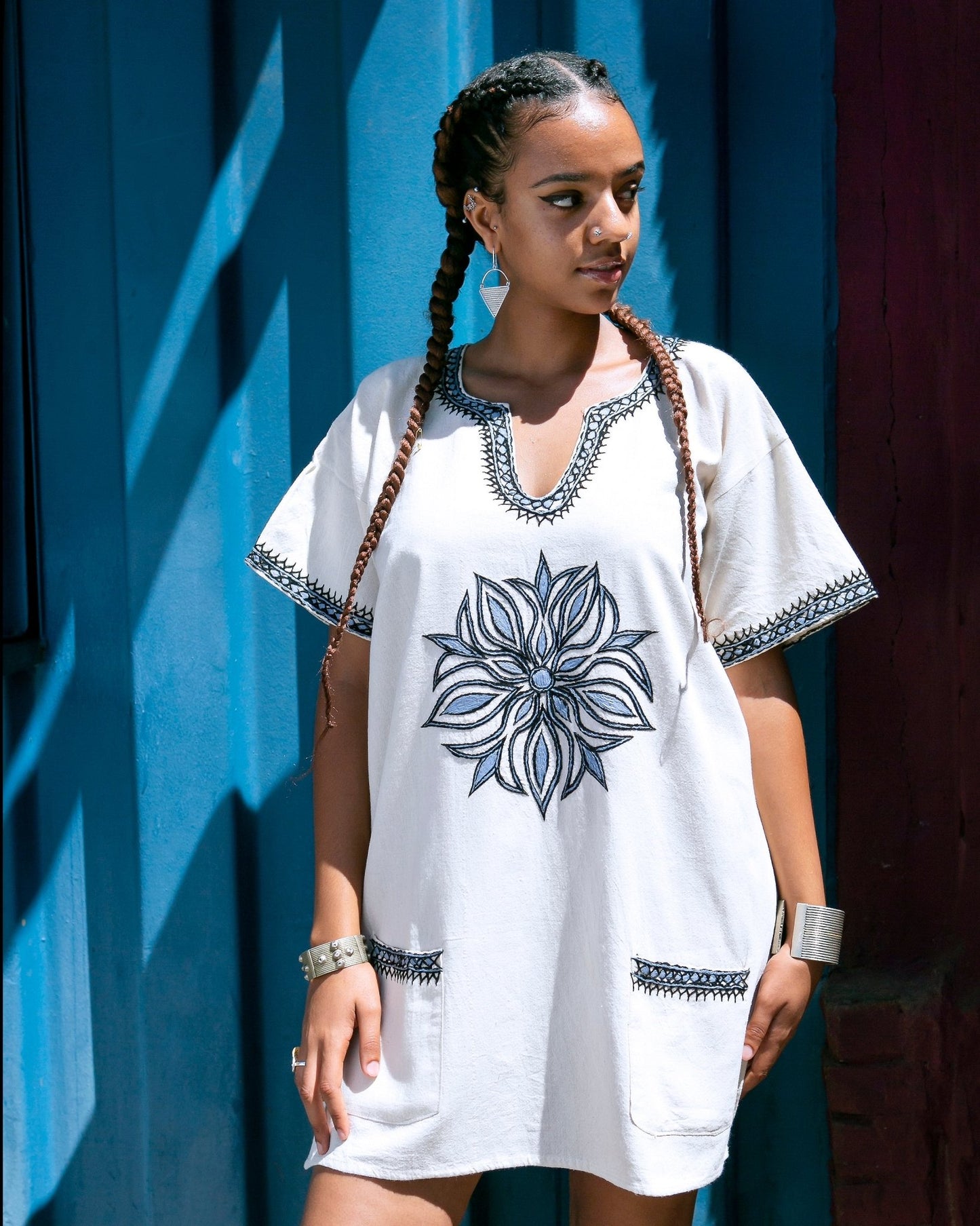 ጥልፍ Hand - embroidered Cotton Shirt | Light Blue & Black Floral - Kelem Shop