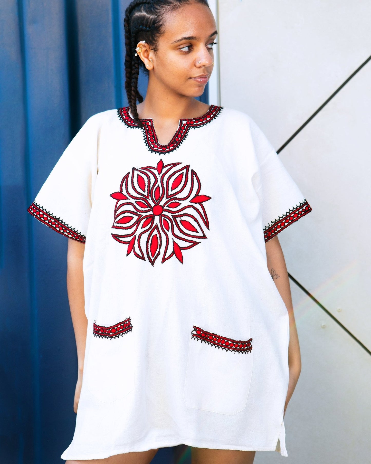 ጥልፍ Hand - embroidered Cotton Shirt | Red Floral Embroidery - Kelem Shop