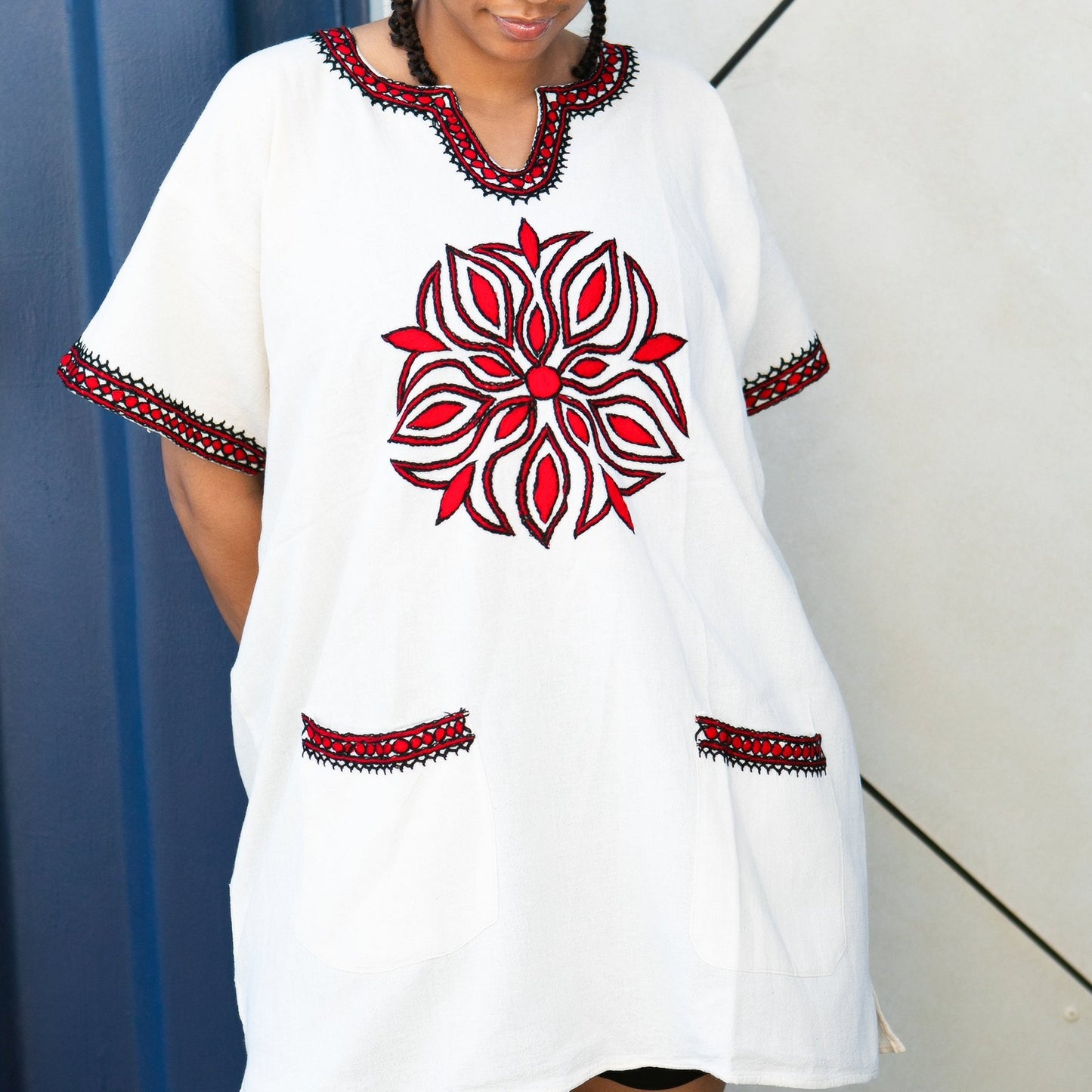 ጥልፍ Hand - embroidered Cotton Shirt | Red Floral Embroidery - Kelem Shop