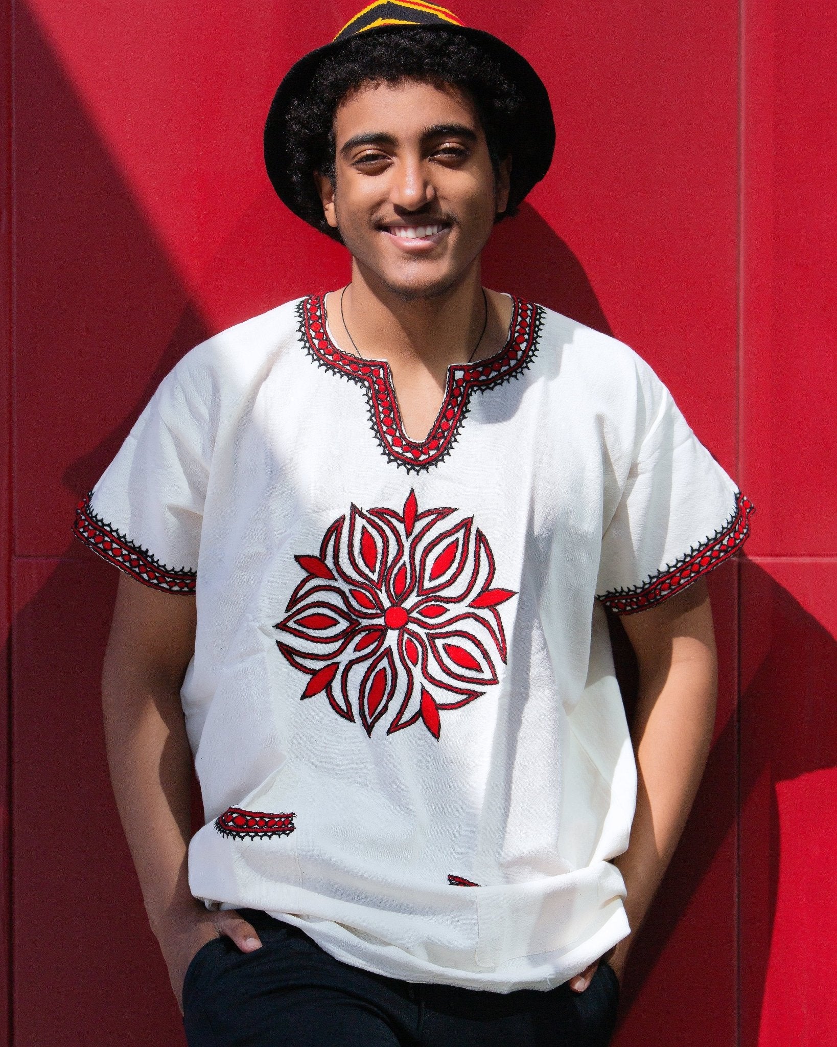 ጥልፍ Hand - embroidered Cotton Shirt | Red Floral Embroidery - Kelem Shop