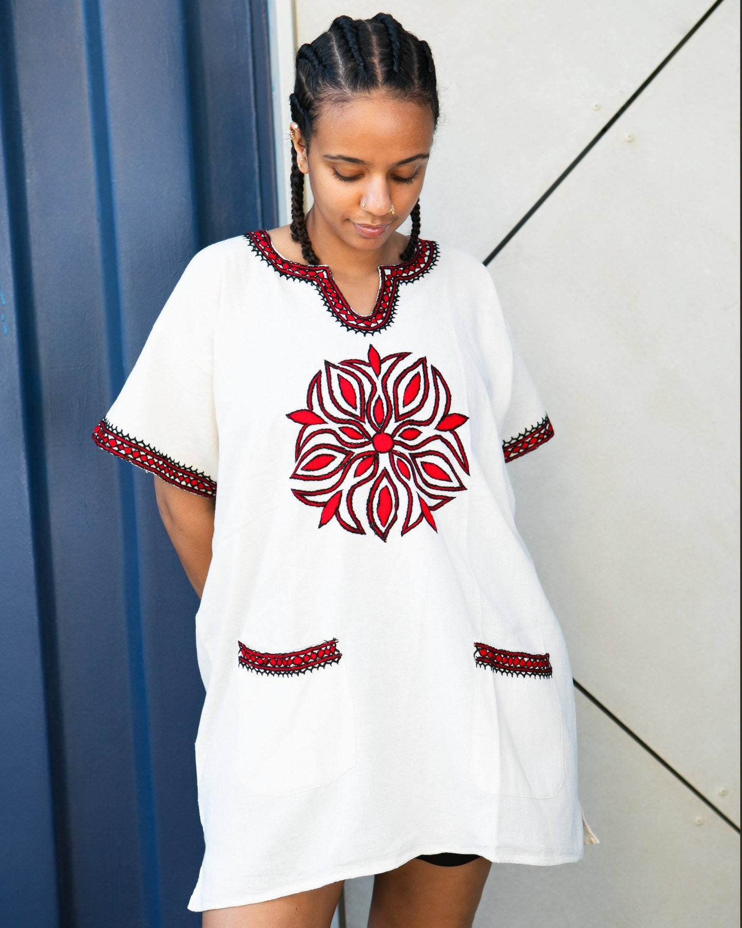 ጥልፍ Hand - embroidered Cotton Shirt | Red Floral Embroidery - Kelem Shop