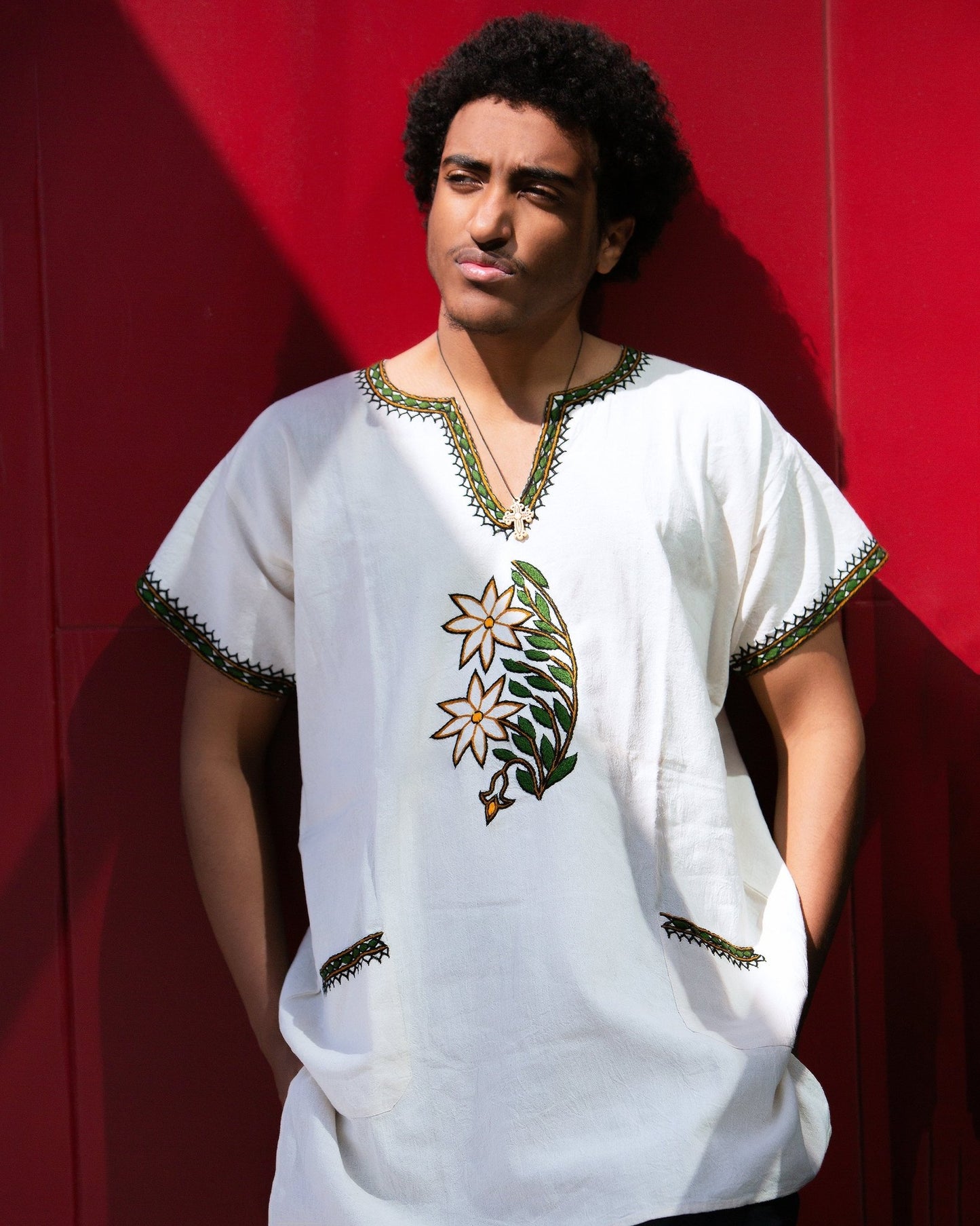 ጥልፍ Hand - embroidered Cotton Shirt | አደይ አበባ Yellow Flower Embroidery - Kelem Shop