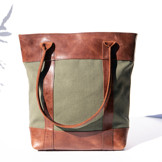 Handcrafted Canvas and Leather Tote Bag (Green) - Kelem Shop