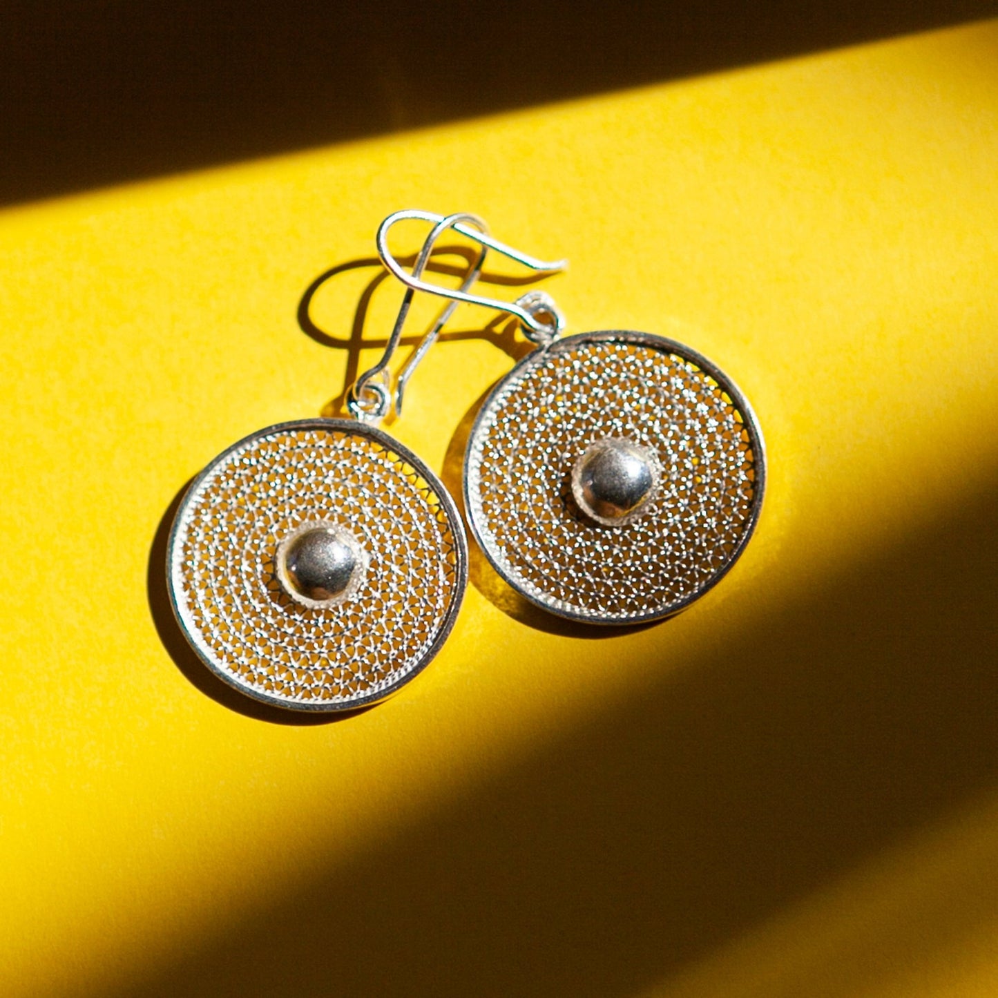 Handcrafted Ethiopian Silver Filigree Disc Earrings – Four Sizes, Wirework with Center Detail - Kelem Shop