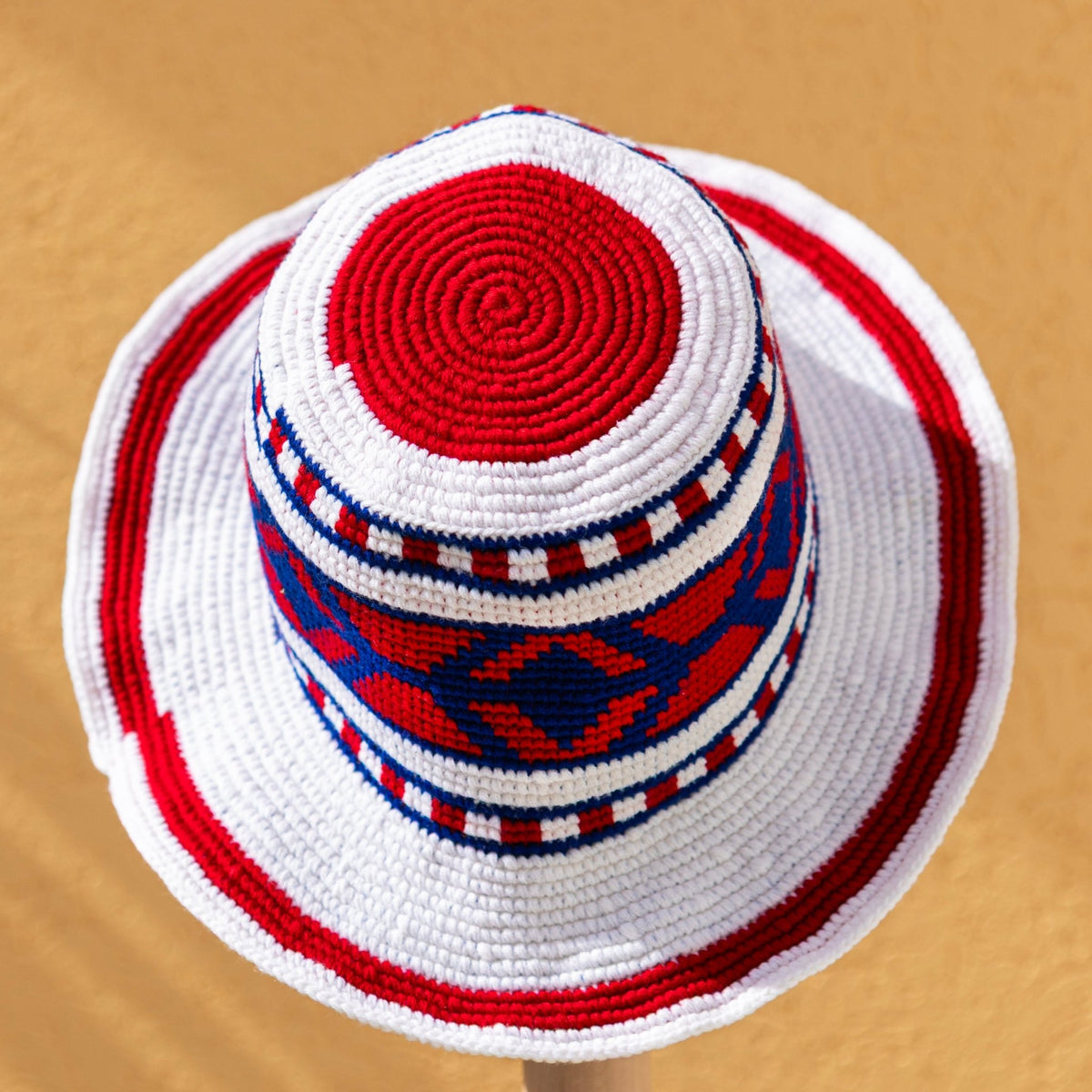 Handmade Ethiopian Crochet Sun Hat – Red, White & Blue Wide Brim Konso Hat - Kelem Shop