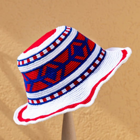 Handmade Ethiopian Crochet Sun Hat – Red, White & Blue Wide Brim Konso Hat - Kelem Shop