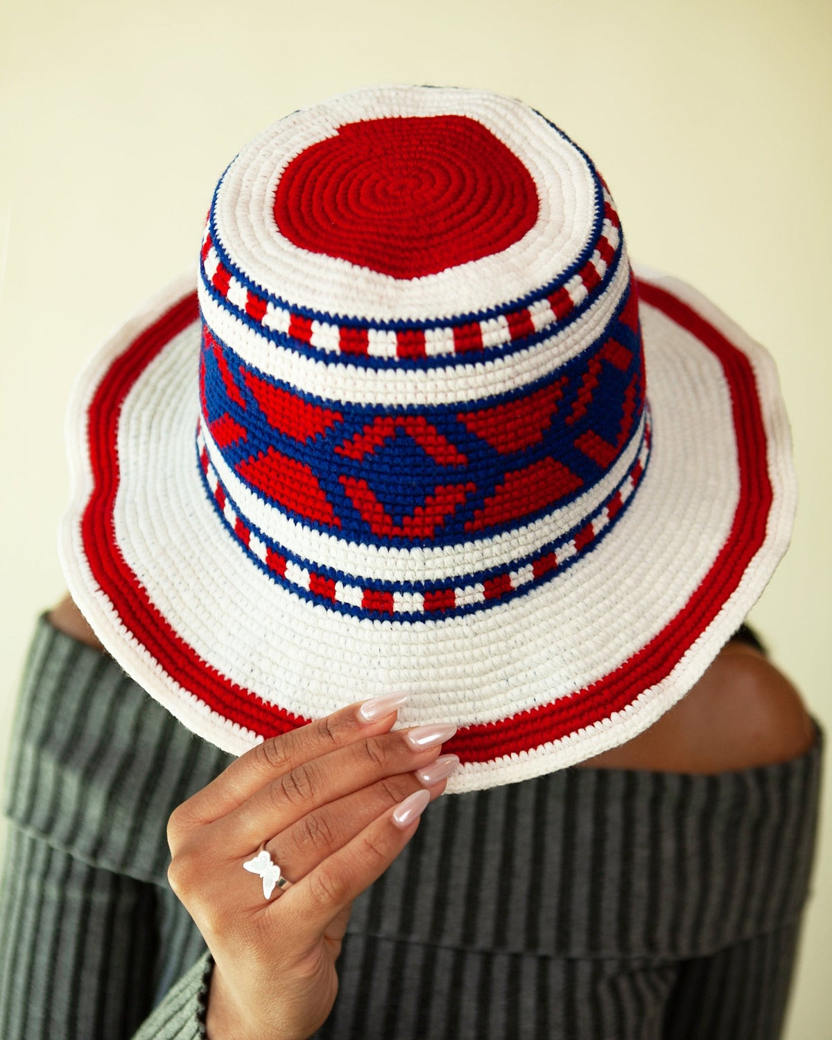 Handmade Ethiopian Crochet Sun Hat – Red, White & Blue Wide Brim Konso Hat - Kelem Shop