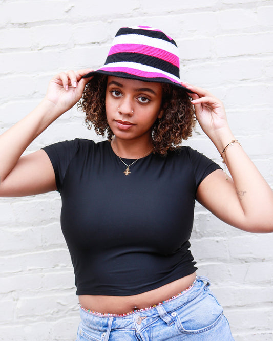 Handmade Pink Black and White Striped Crochet Hat – Unisex Beanie Crafted by Ethiopian Farmers in Konso | Versatile and Stylish for Men and Women - Kelem Shop
