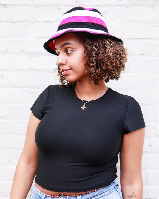 Handmade Pink Black and White Striped Crochet Hat – Unisex Beanie Crafted by Ethiopian Farmers in Konso | Versatile and Stylish for Men and Women - Kelem Shop