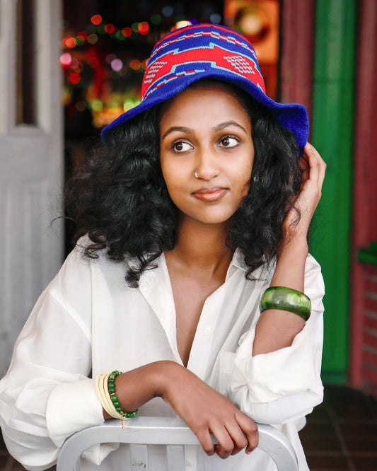 Handmade Red Royal Blue Patterned Crochet Hat – Unisex Beanie Crafted by Ethiopian Farmers in Konso | Versatile and Stylish for Men and Women - Kelem Shop