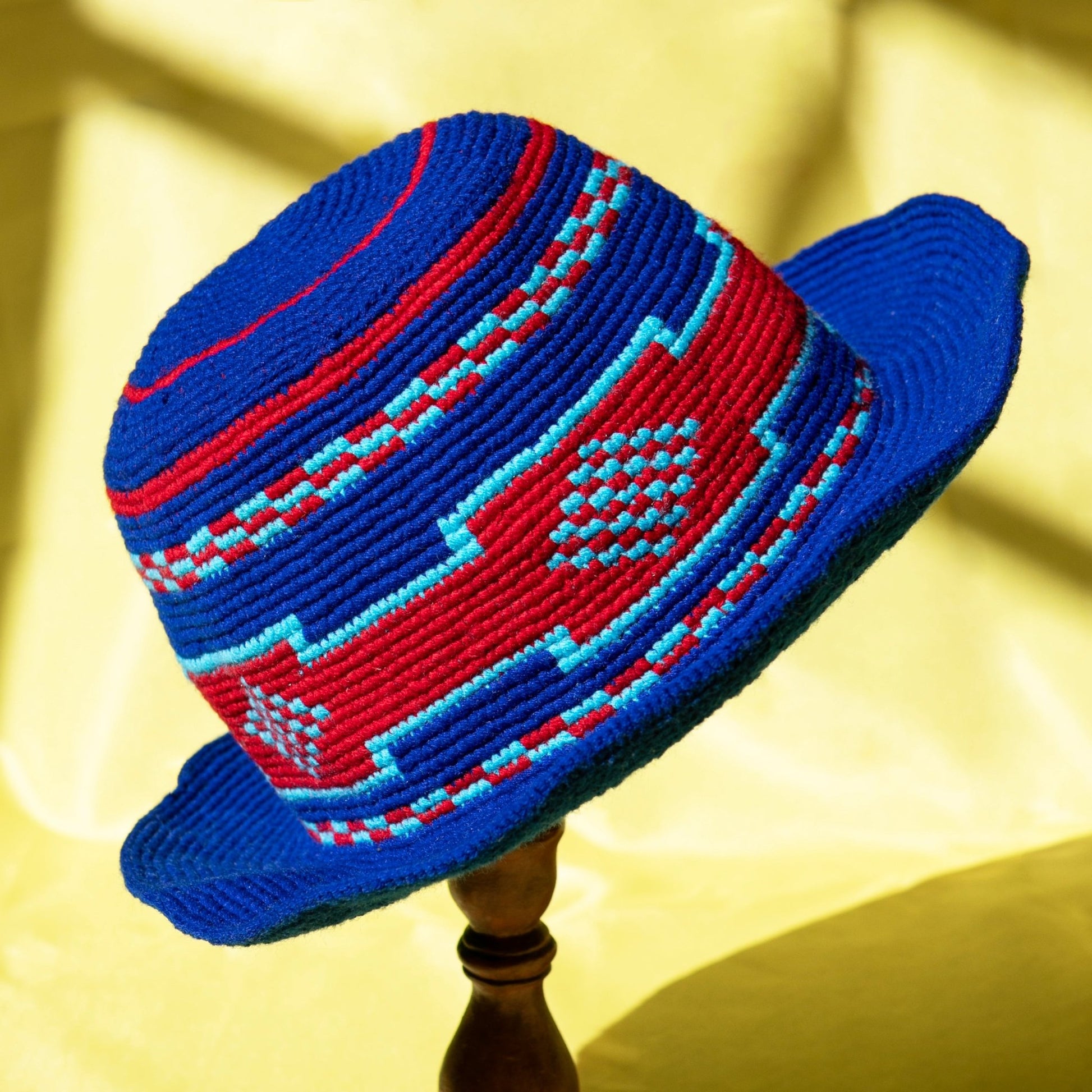 Handmade Red Royal Blue Patterned Crochet Hat – Unisex Beanie Crafted by Ethiopian Farmers in Konso | Versatile and Stylish for Men and Women - Kelem Shop