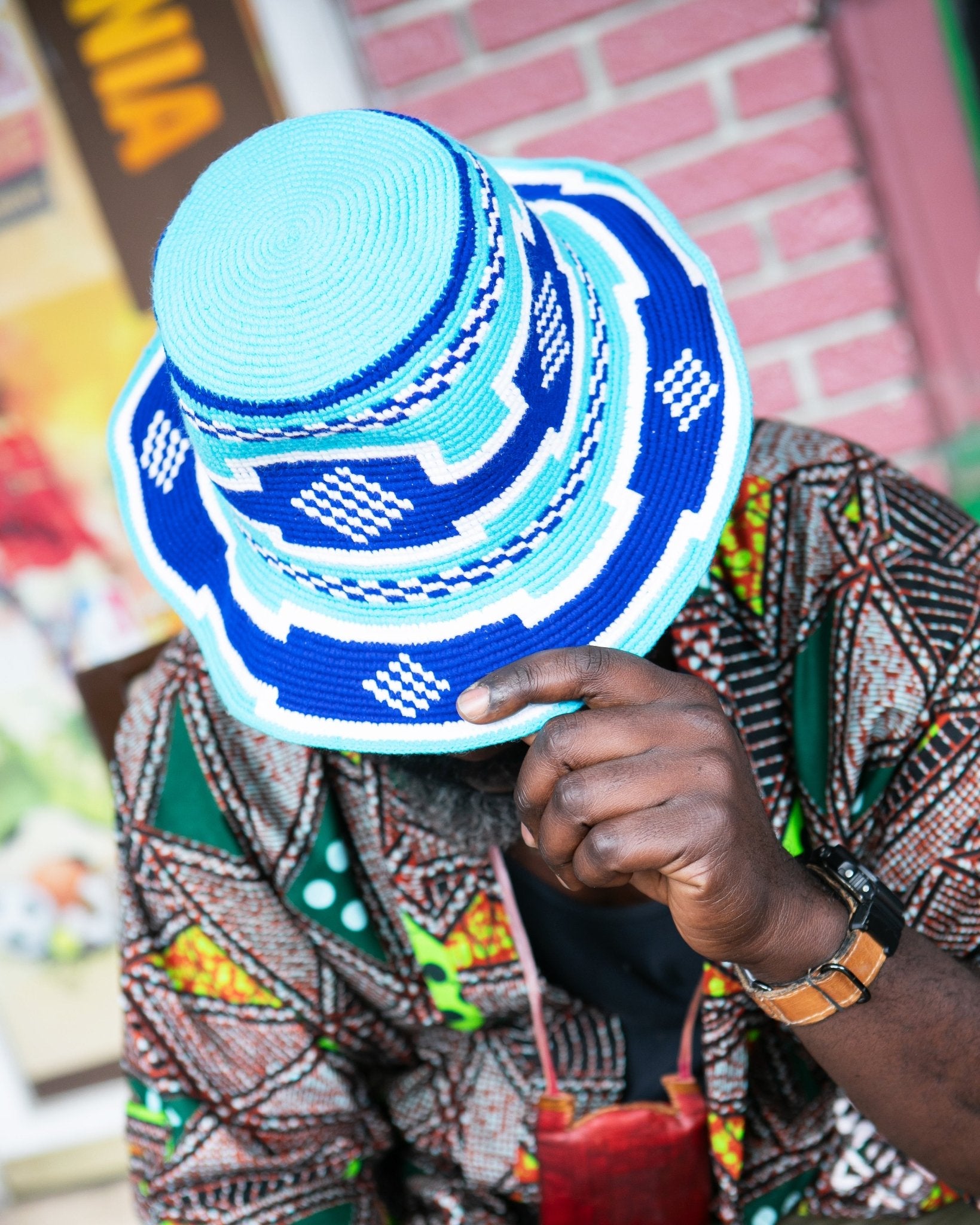 Handmade Royal Blue Turquoise Patterned Crochet Hat – Unisex Beanie Crafted by Ethiopian Farmers in Konso | Versatile and Stylish for Men and Women - Kelem Shop