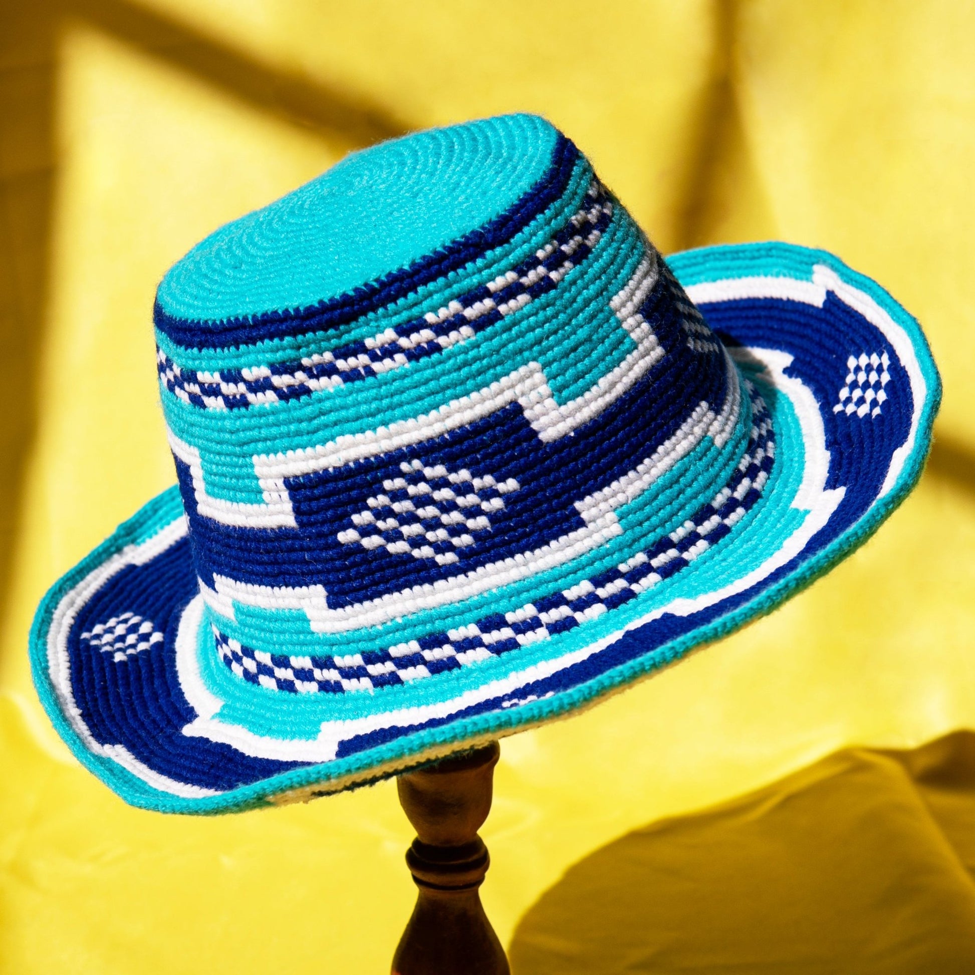 Handmade Royal Blue Turquoise Patterned Crochet Hat – Unisex Beanie Crafted by Ethiopian Farmers in Konso | Versatile and Stylish for Men and Women - Kelem Shop