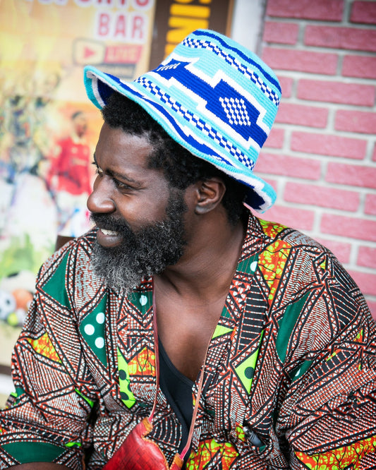 Handmade Royal Blue Turquoise Patterned Crochet Hat – Unisex Beanie Crafted by Ethiopian Farmers in Konso | Versatile and Stylish for Men and Women - Kelem Shop