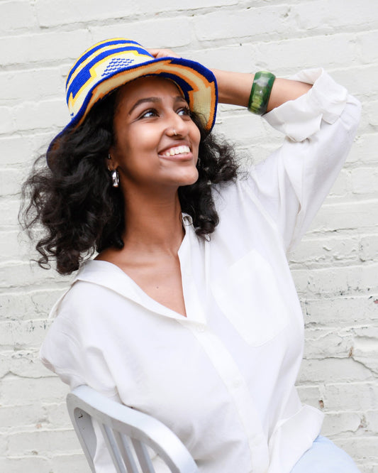 Handmade Royal Blue Yellow Cream Patterned Crochet Hat – Unisex Beanie Crafted by Ethiopian Farmers in Konso | Versatile and Stylish for Men and Women - Kelem Shop