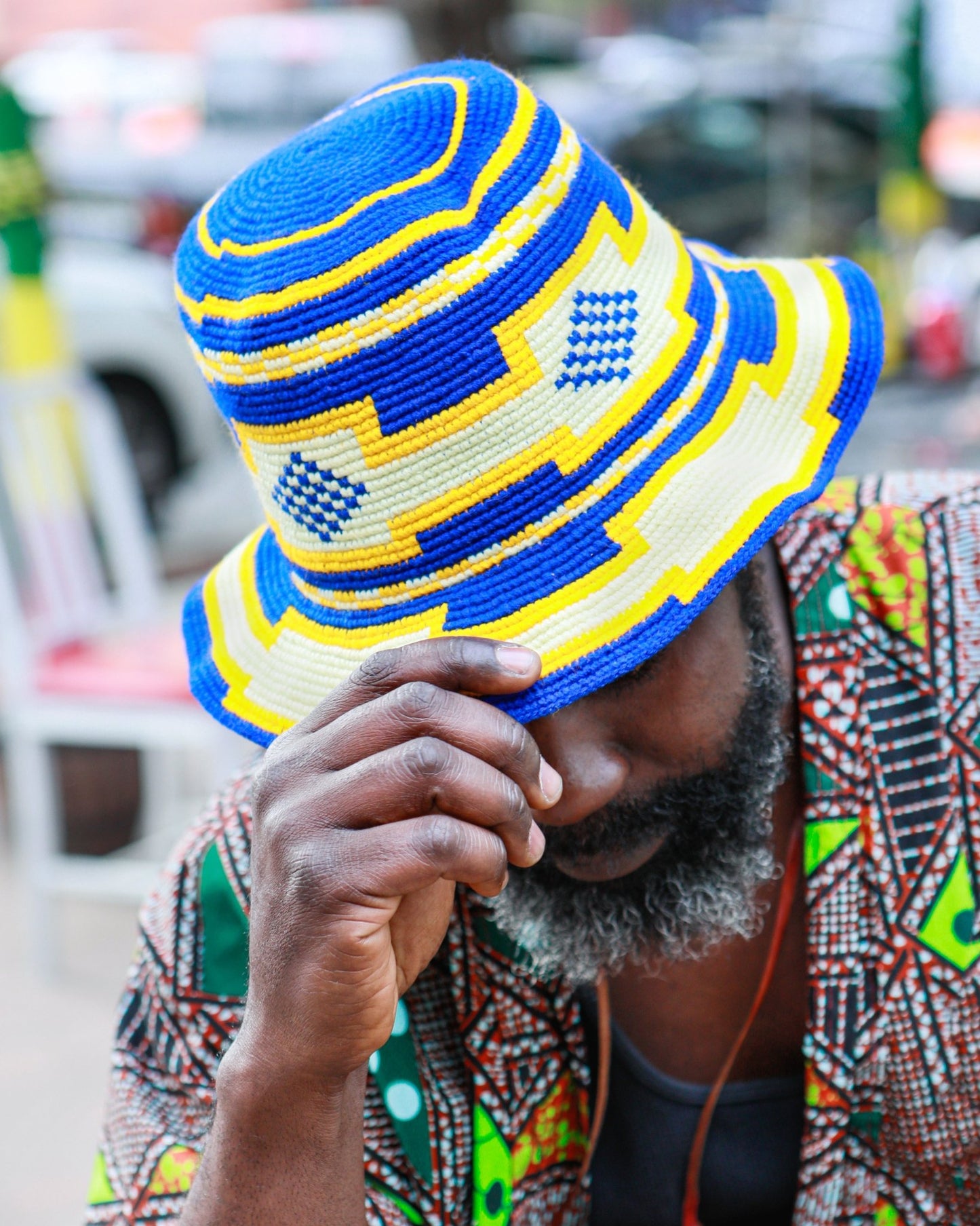 Handmade Royal Blue Yellow Cream Patterned Crochet Hat – Unisex Beanie Crafted by Ethiopian Farmers in Konso | Versatile and Stylish for Men and Women - Kelem Shop