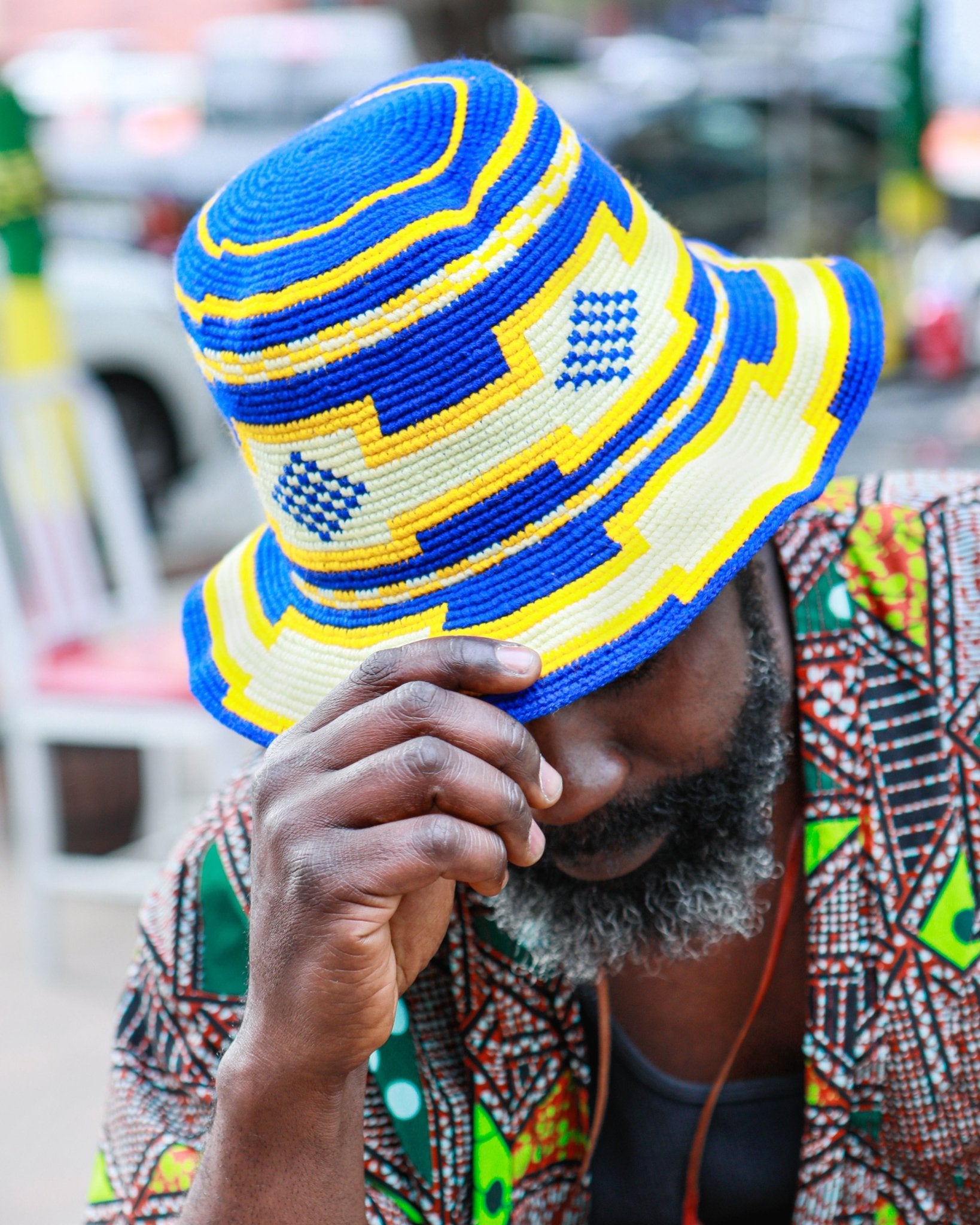 Handmade Royal Blue Yellow Cream Patterned Crochet Hat – Unisex Beanie Crafted by Ethiopian Farmers in Konso | Versatile and Stylish for Men and Women - Kelem Shop