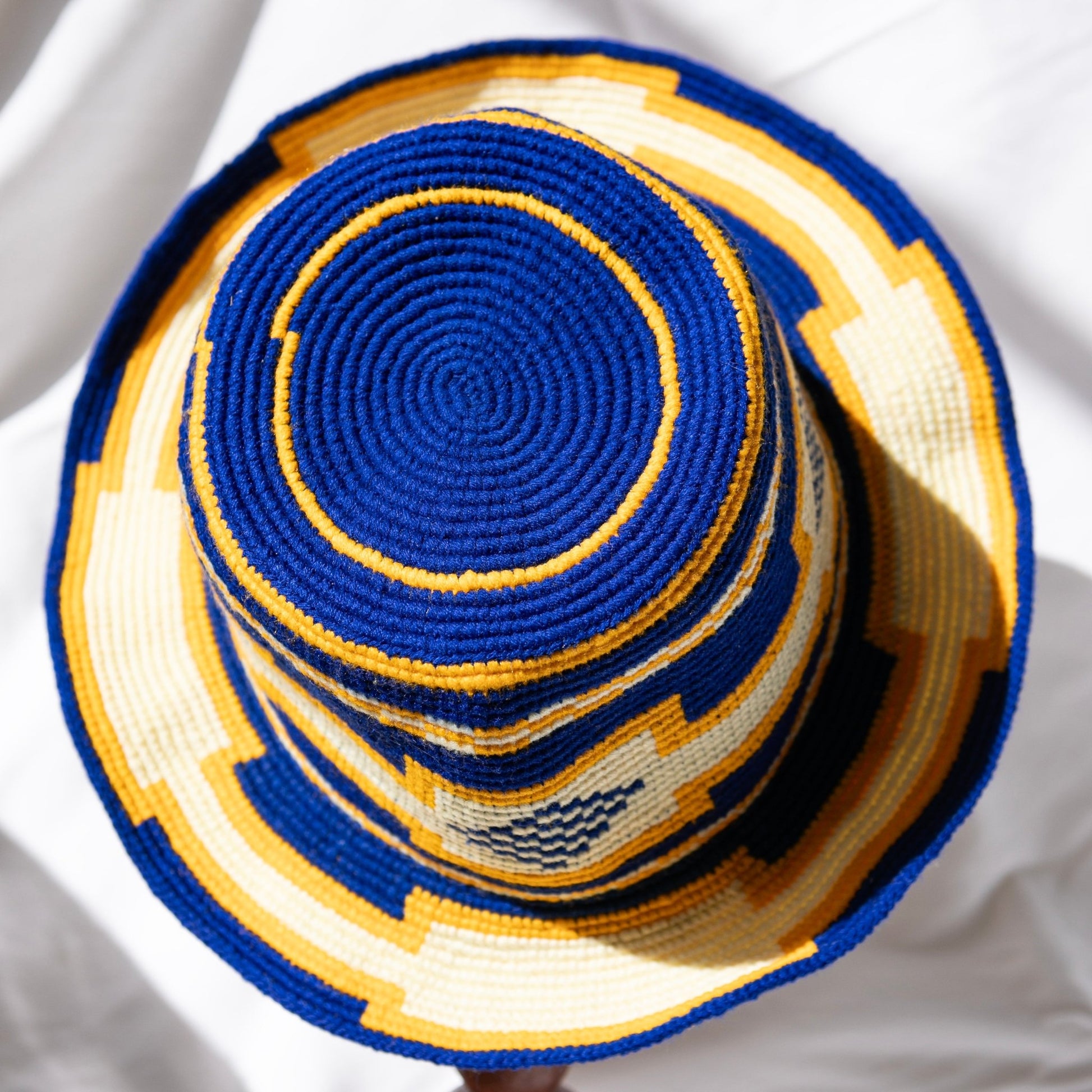 Handmade Royal Blue Yellow Cream Patterned Crochet Hat – Unisex Beanie Crafted by Ethiopian Farmers in Konso | Versatile and Stylish for Men and Women - Kelem Shop