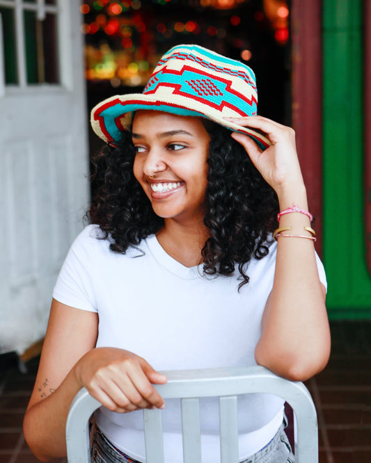 Handmade Turquoise Cream Red Patterned Crochet Hat – Unisex Beanie Crafted by Ethiopian Farmers in Konso | Versatile and Stylish for Men and Women - Kelem Shop