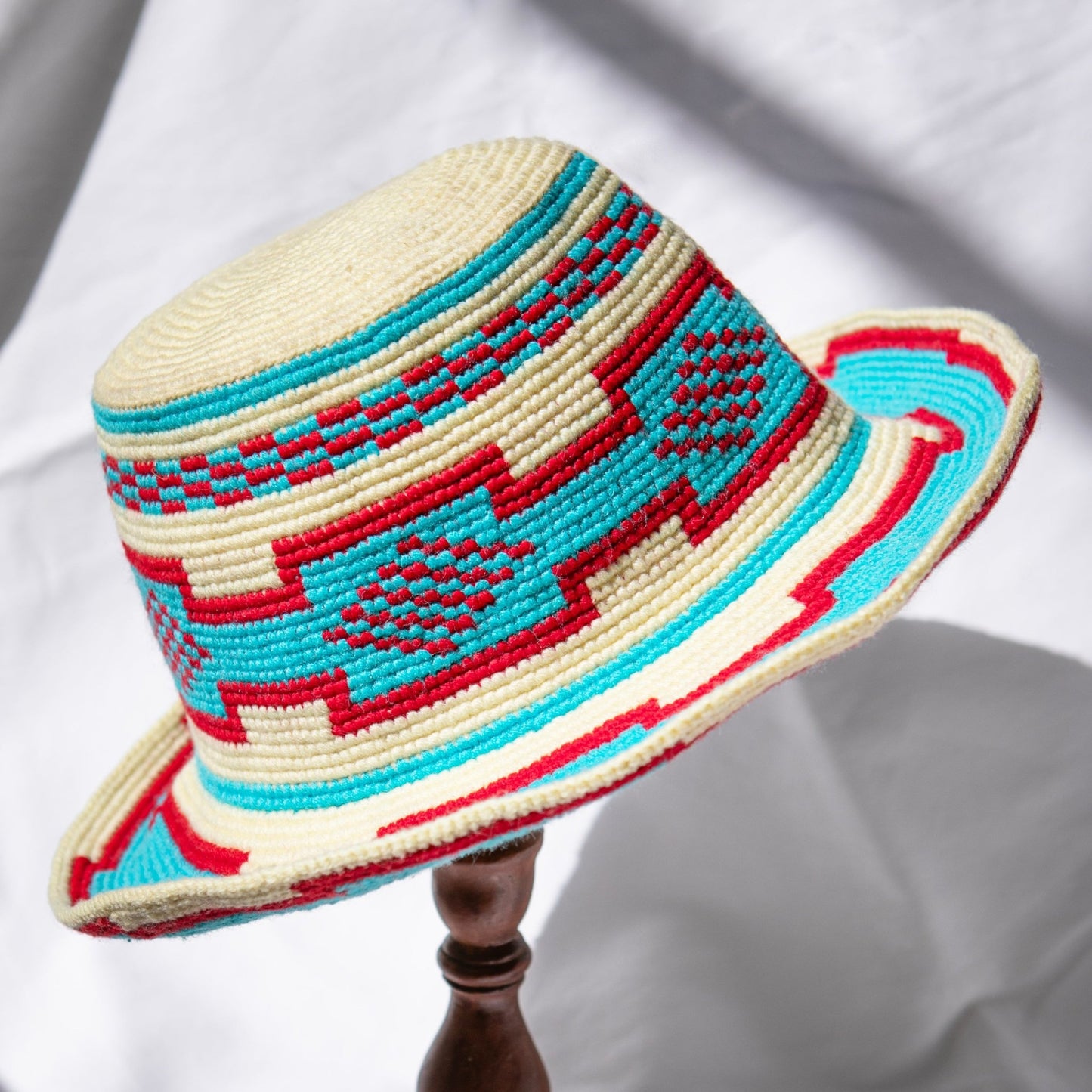 Handmade Turquoise Cream Red Patterned Crochet Hat – Unisex Beanie Crafted by Ethiopian Farmers in Konso | Versatile and Stylish for Men and Women - Kelem Shop