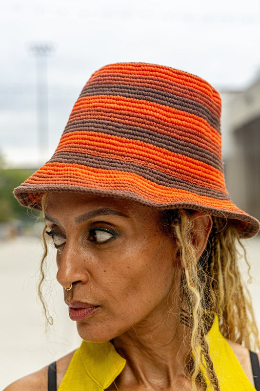 Konso Crochet Bucket Hat – Sunset Orange & Deep Brown Cotton - Kelem Shop