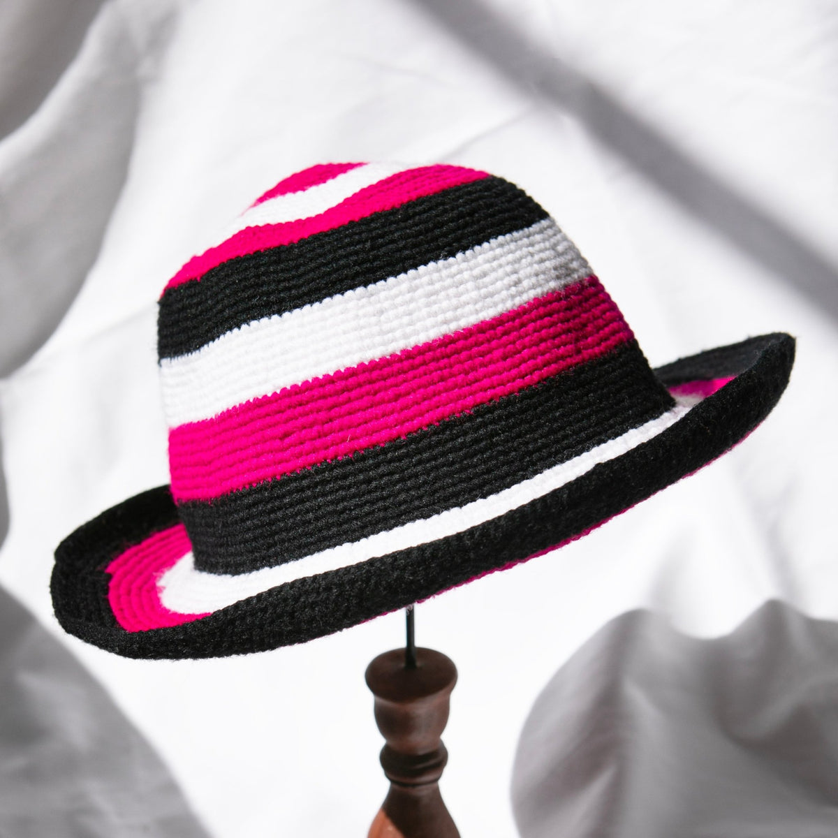 Pink & Black Konso Crochet Fedora - Kelem Shop