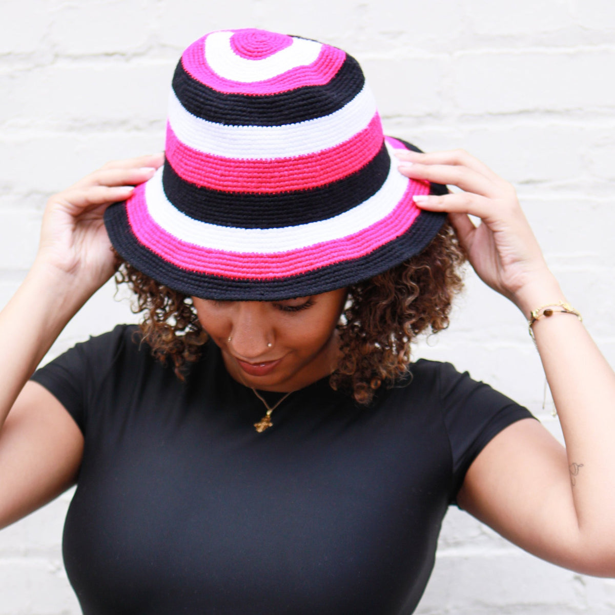 Pink & Black Konso Crochet Fedora - Kelem Shop