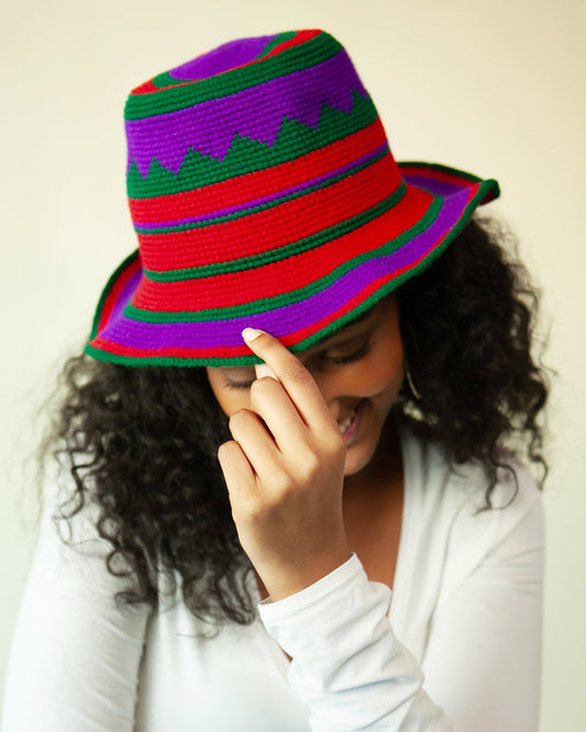 Purple, Red & Green Konso Crochet Bucket Hat - Kelem Shop