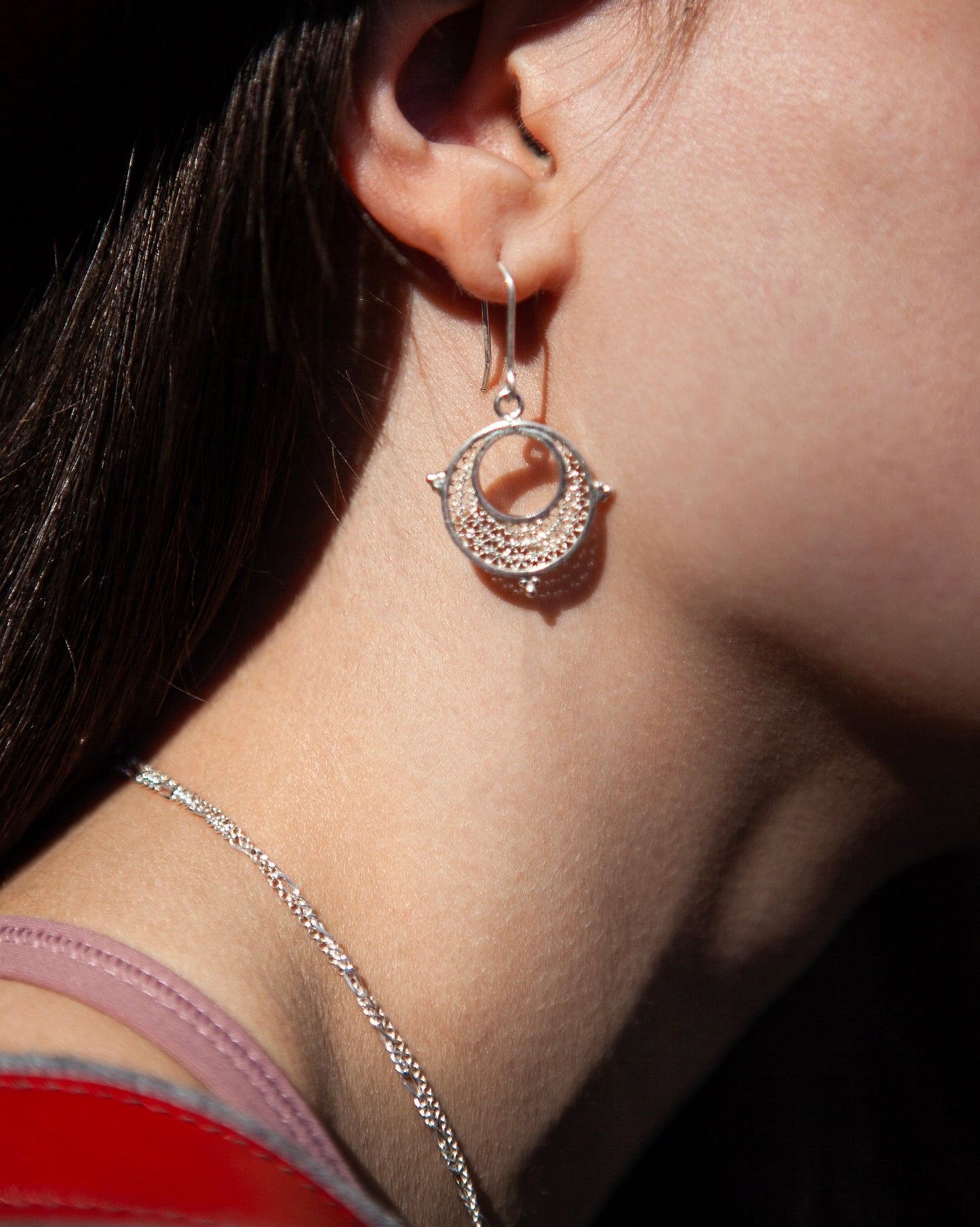 እርባን - Silver Filigree Crescent Moon Drop Earrings - Kelem Shop