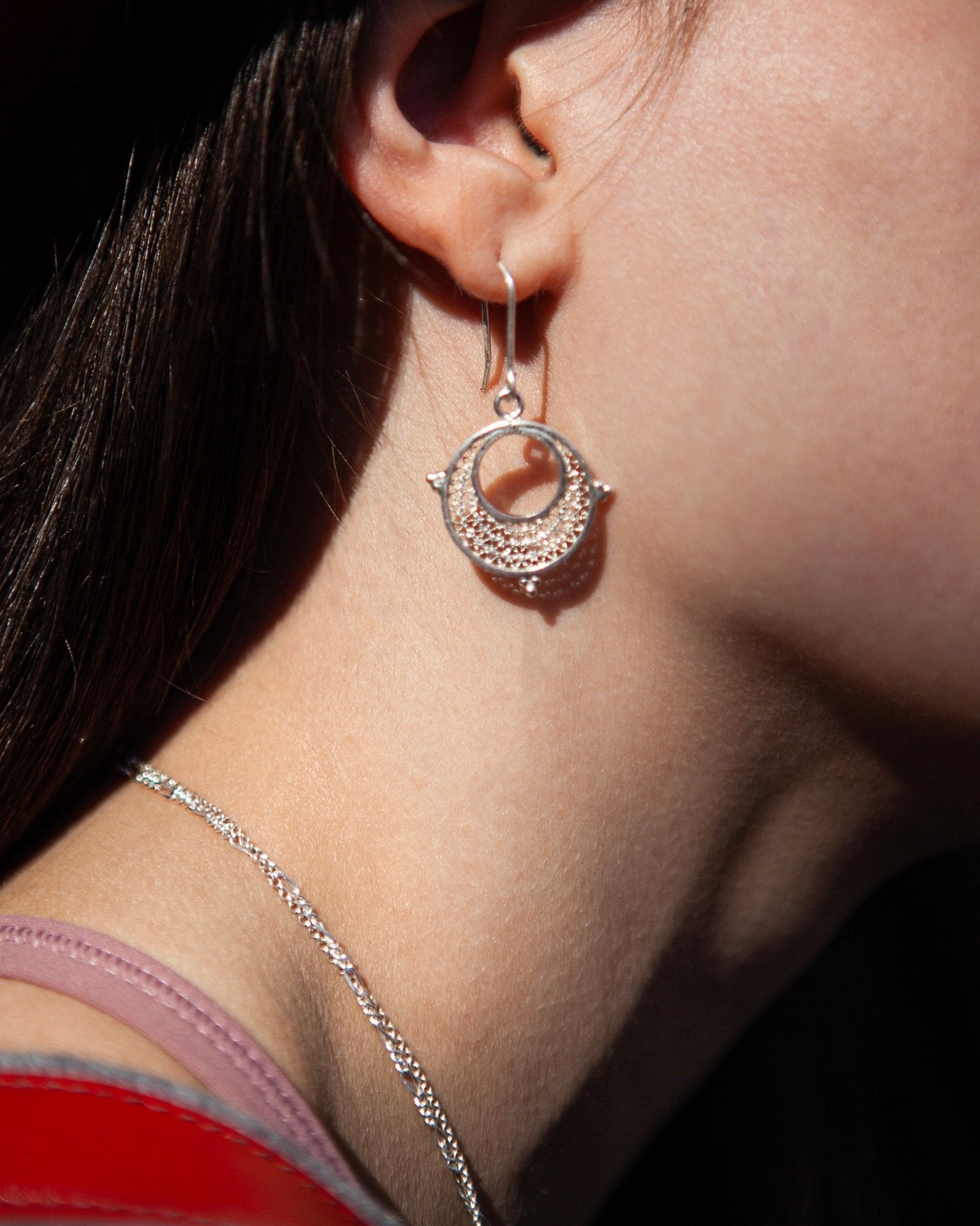 እርባን - Silver Filigree Crescent Moon Drop Earrings - Kelem Shop