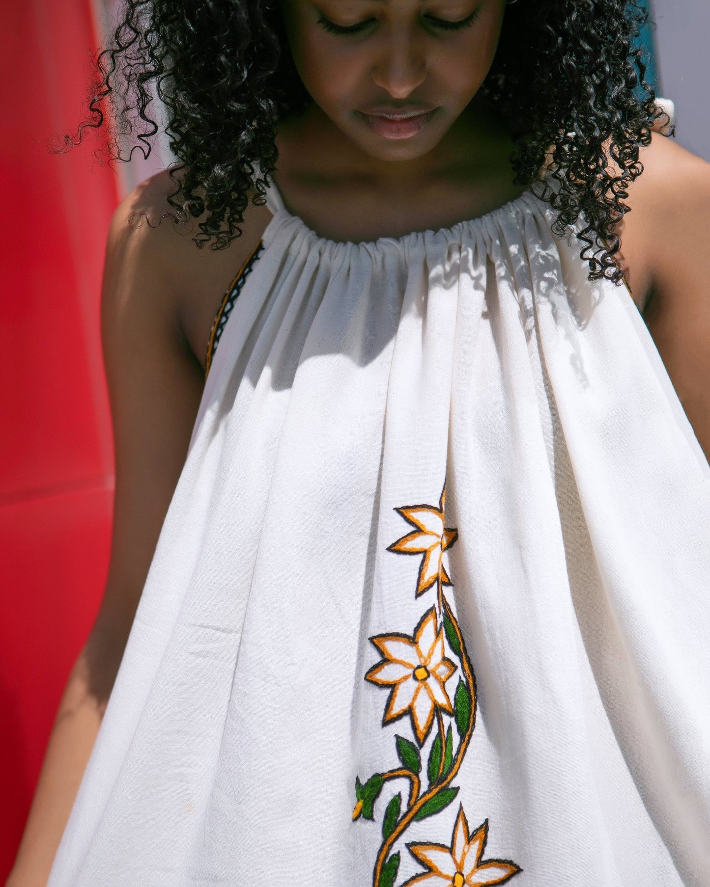 ቡና ቀሚስ Sleeveless Tie Strap Coffee Dress | Summer Dress | Beach Dress | Green, Brown, and Yellow Floral Embroidery - Kelem Shop