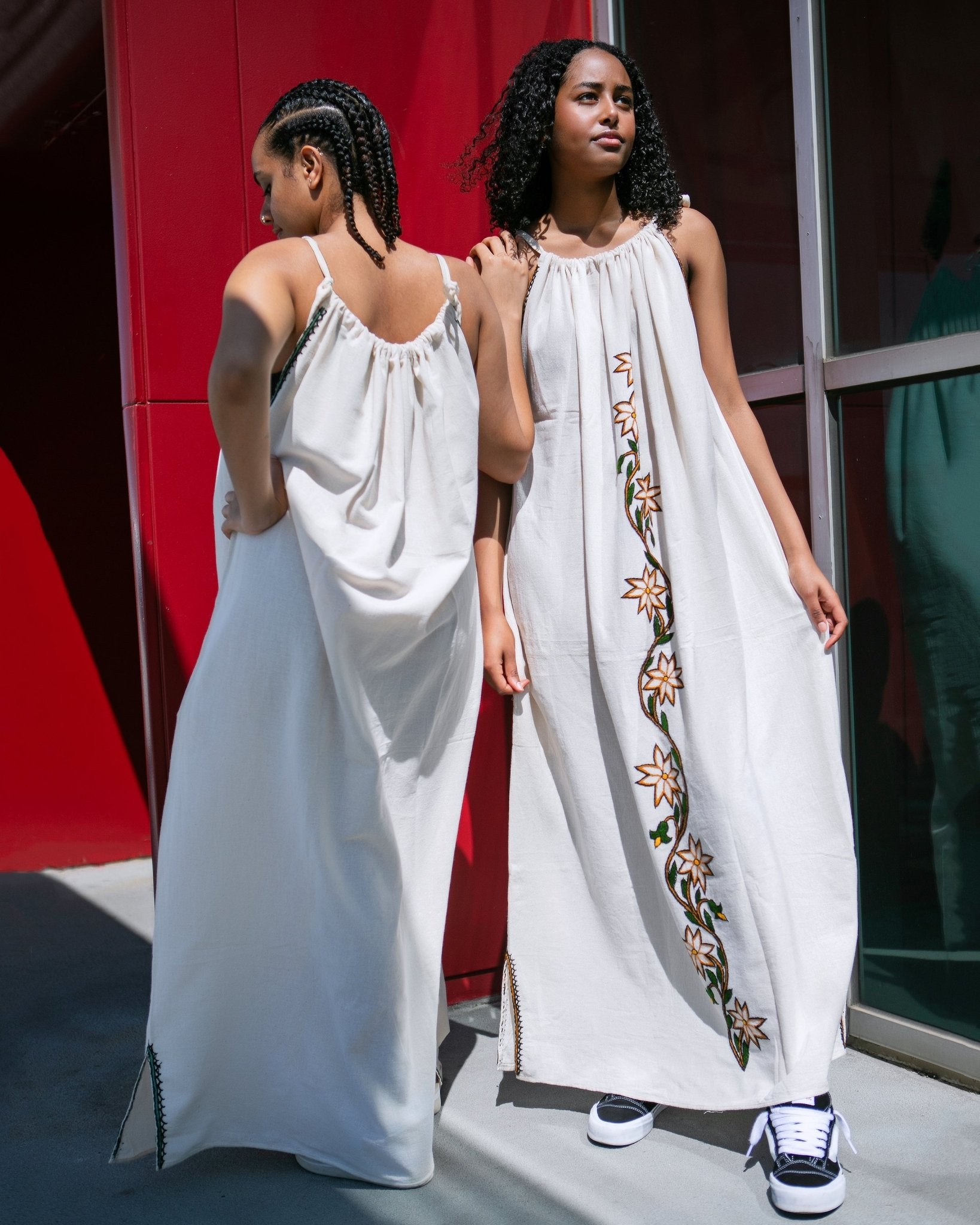 ቡና ቀሚስ Sleeveless Tie Strap Coffee Dress | Summer Dress | Beach Dress | Green, Brown, and Yellow Floral Embroidery - Kelem Shop