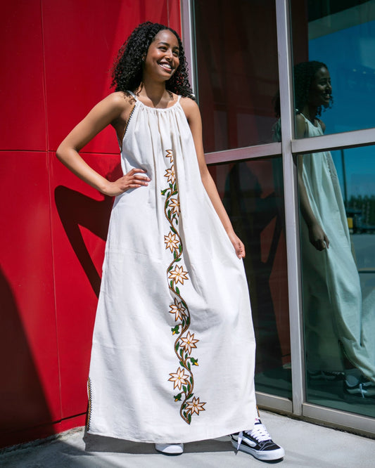 ቡና ቀሚስ Sleeveless Tie Strap Coffee Dress | Summer Dress | Beach Dress | Green, Brown, and Yellow Floral Embroidery - Kelem Shop