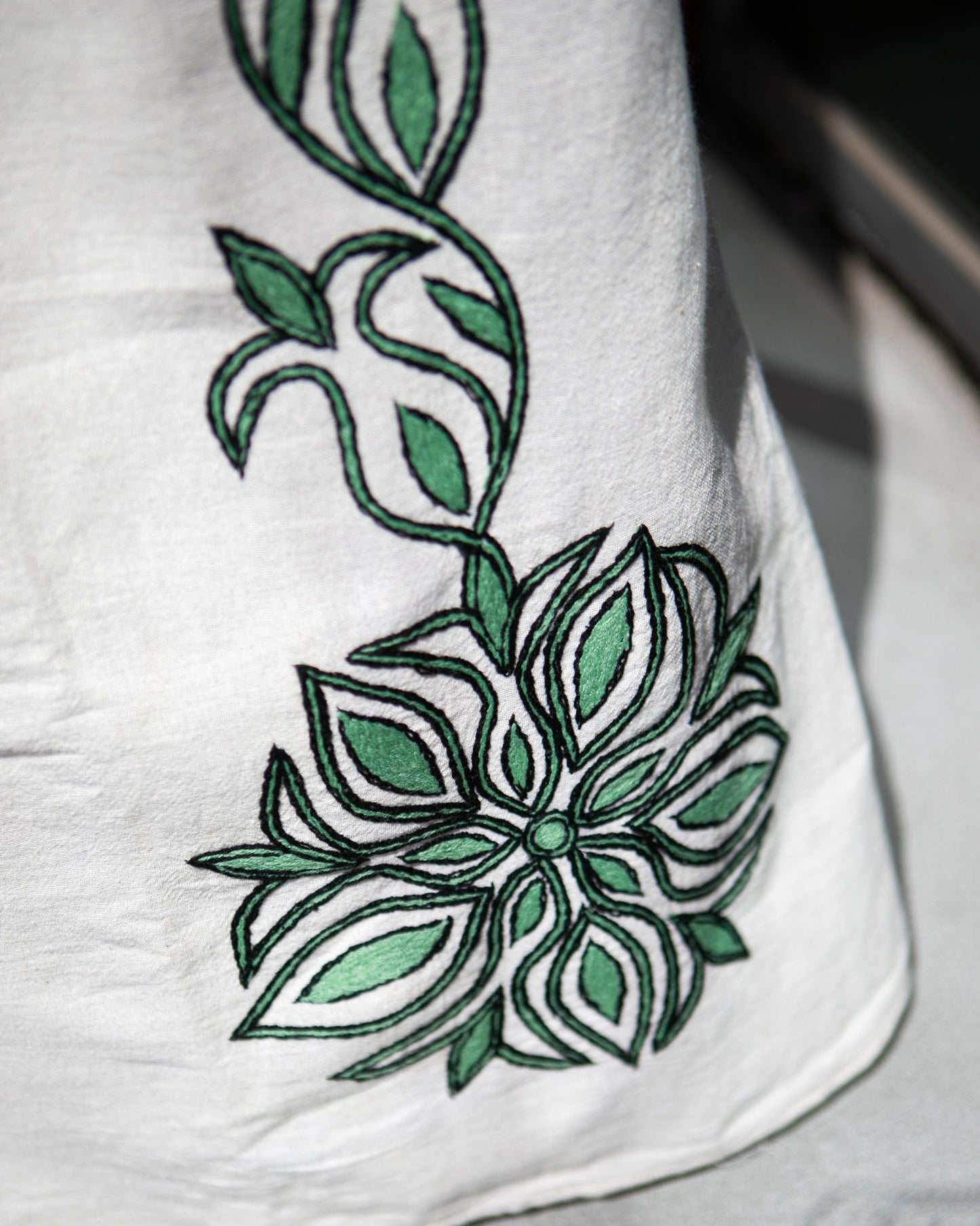ቡና ቀሚስ Sleeveless Tie Strap Coffee Dress | Summer Dress | Beach Dress | Green Floral Line Hand - embroidery - Kelem Shop