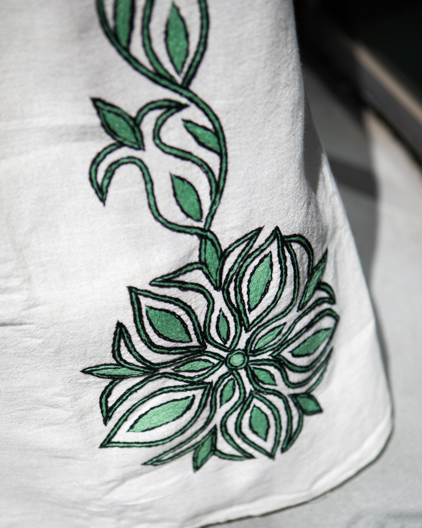 ቡና ቀሚስ Sleeveless Tie Strap Coffee Dress | Summer Dress | Beach Dress | Green Floral Line Hand - embroidery - Kelem Shop