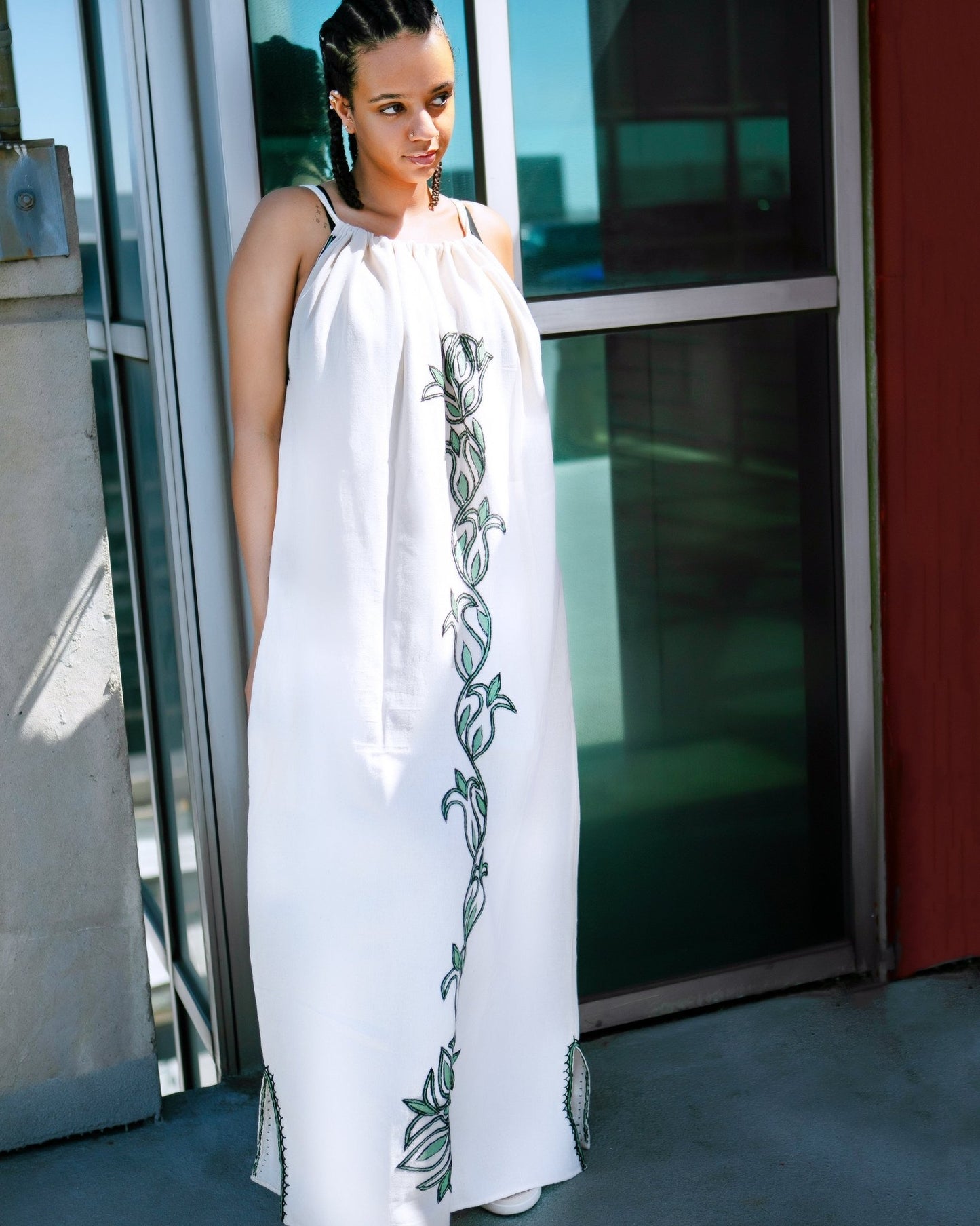 ቡና ቀሚስ Sleeveless Tie Strap Coffee Dress | Summer Dress | Beach Dress | Green Floral Line Hand - embroidery - Kelem Shop