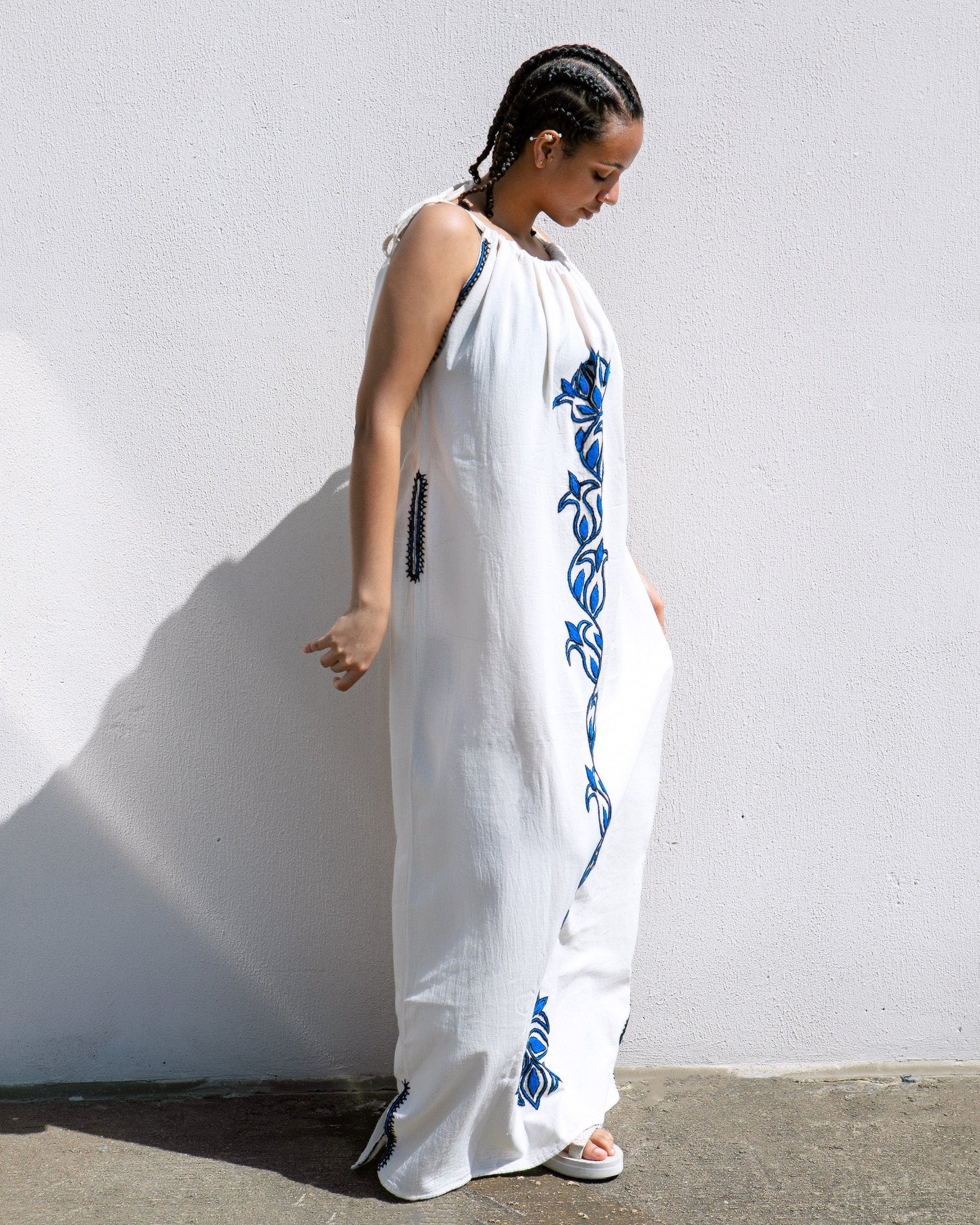 ቡና ቀሚስ Sleeveless Tie Strap Coffee Dress with Pockets | Summer Dress | Beach Dress | Blue Floral Embroidery - Kelem Shop