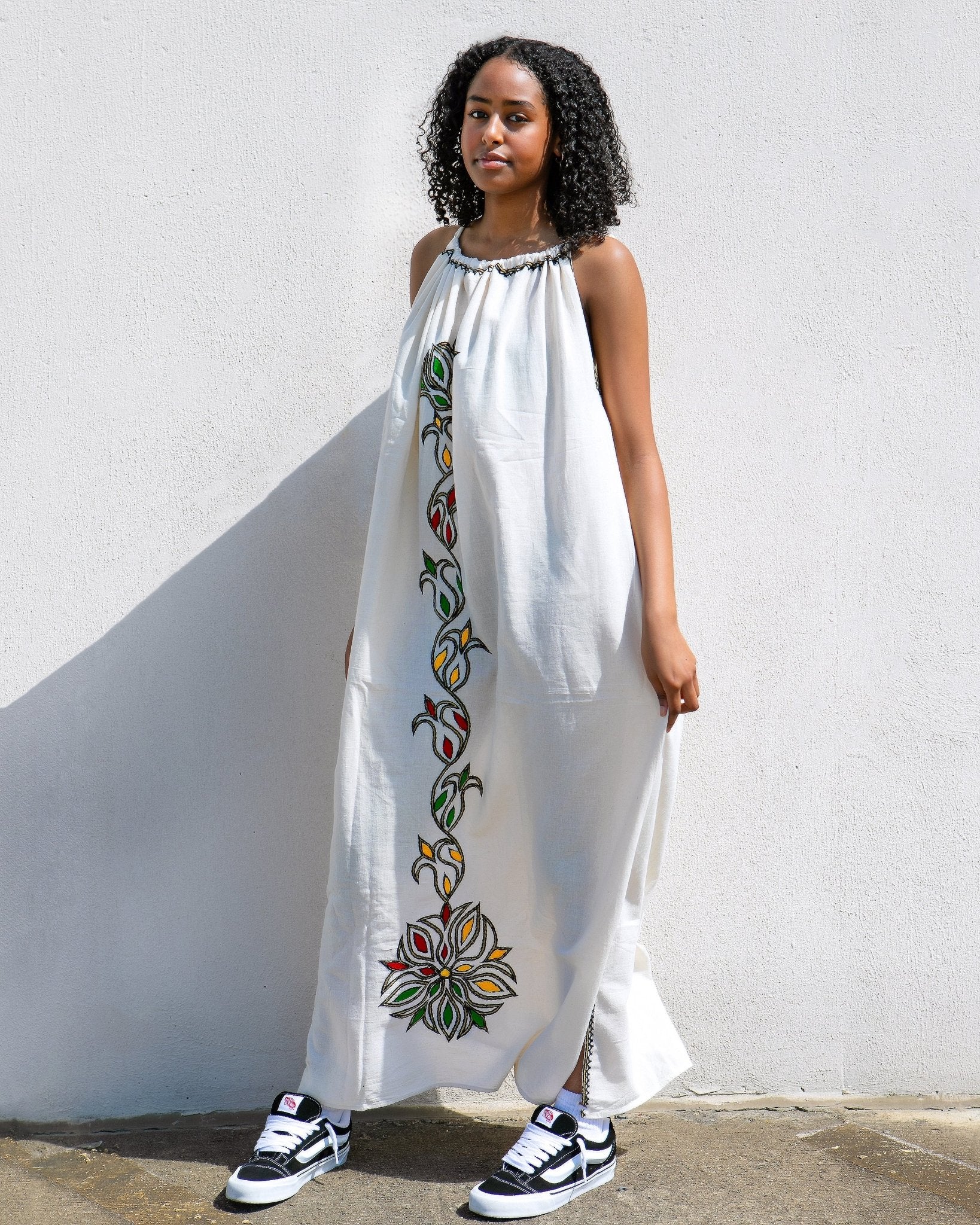 ቡና ቀሚስ Sleeveless Tie Strap Coffee Dress with Pockets | Summer Dress | Beach Dress | Green Yellow and Red Floral Embroidery - Kelem Shop